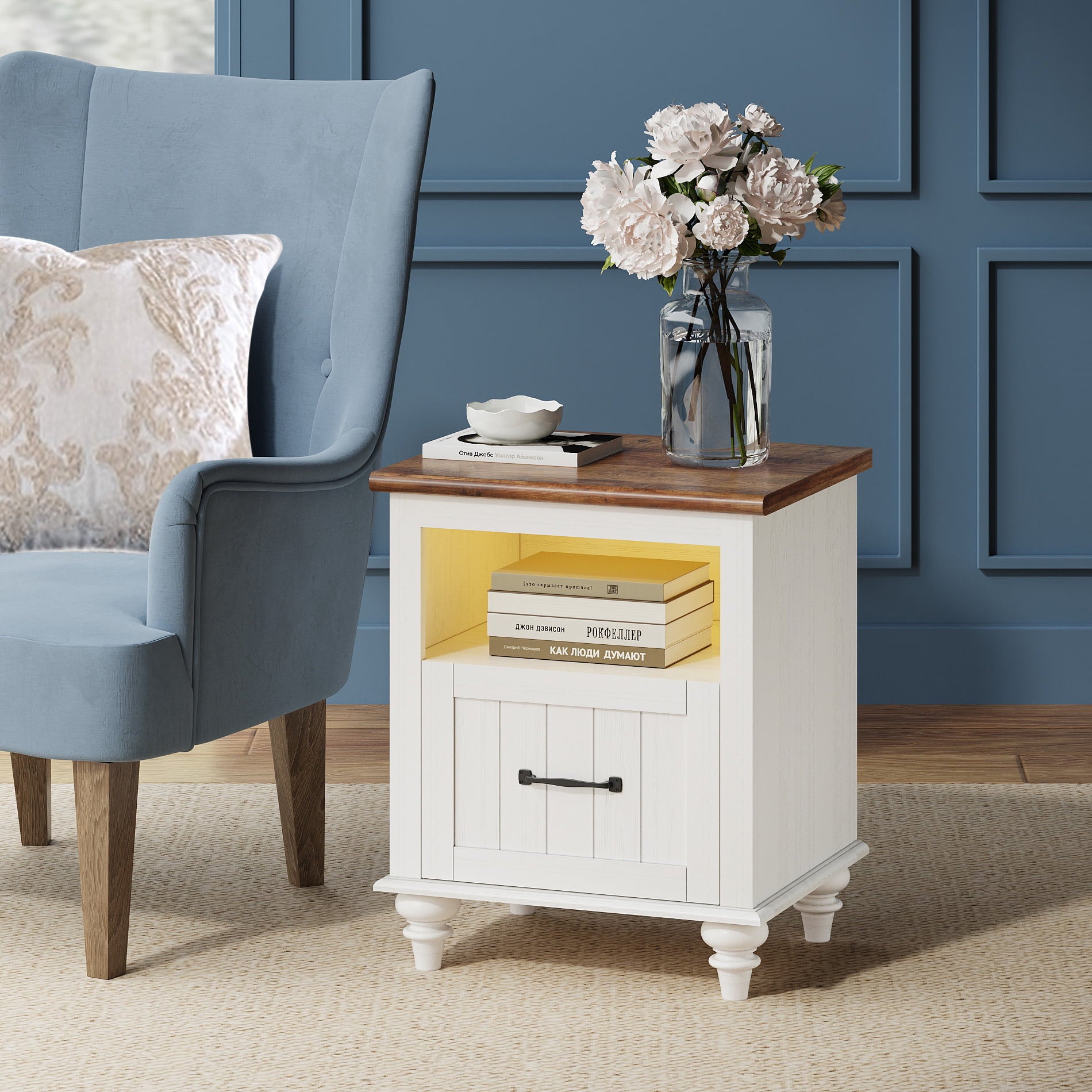 Modern LED Nightstand with Big Drawer and Open Storage,White Wood End Side Table for Bedroom Living Room