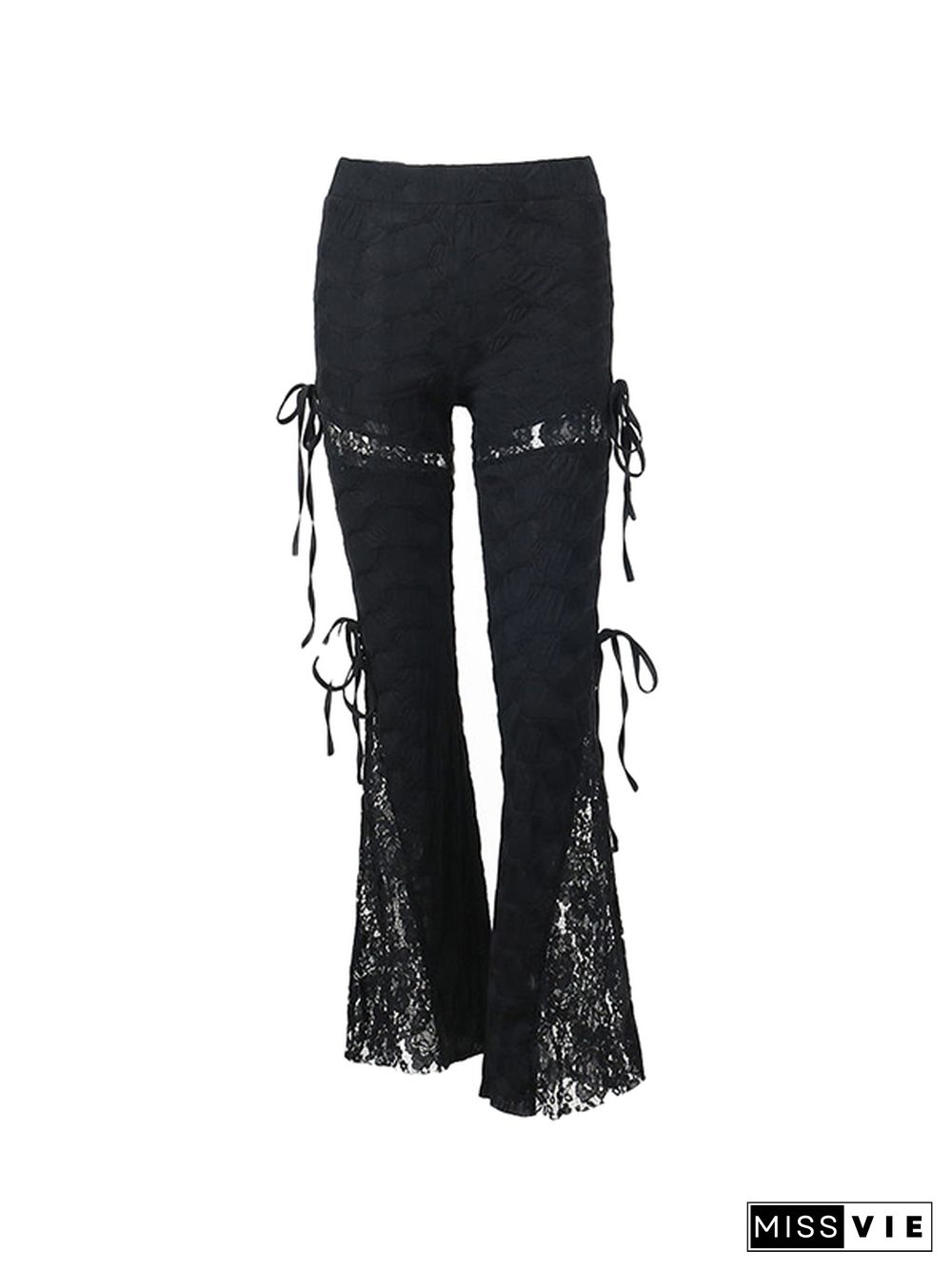 Textured Cutout Lace Splice Tie Up Flare Leg Pants