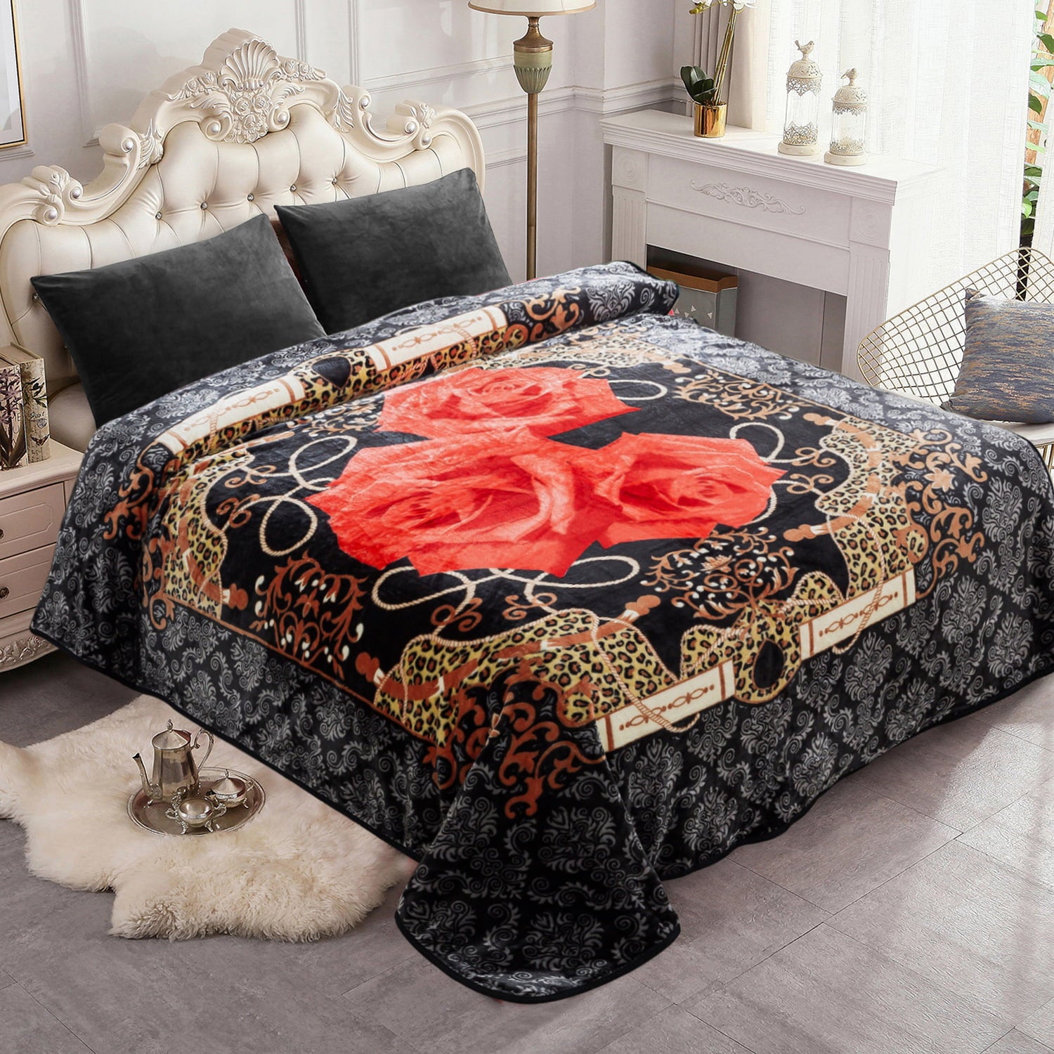 JML Plush Fleece Blanket For Bed，Lightweight Soft Black Red Floral Blanket，Queen 75