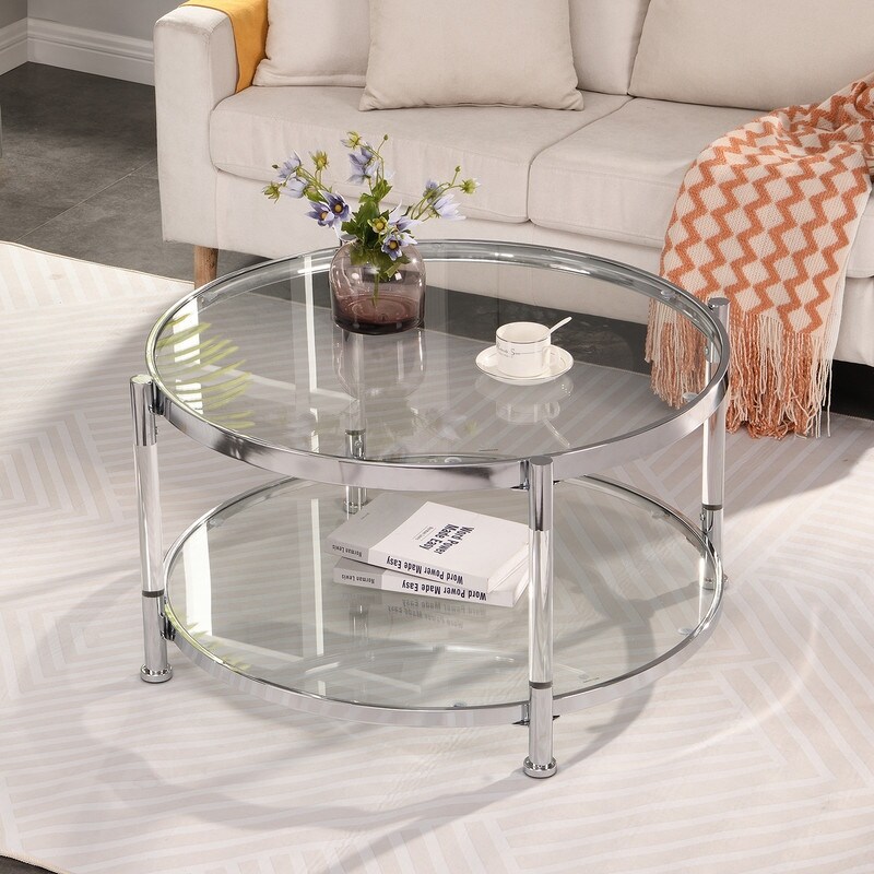 Grondin Modern Style Round 2 Tier Coffee Table Cocktail Table with Tempered Glass Top  Steel and Acrylic Frame