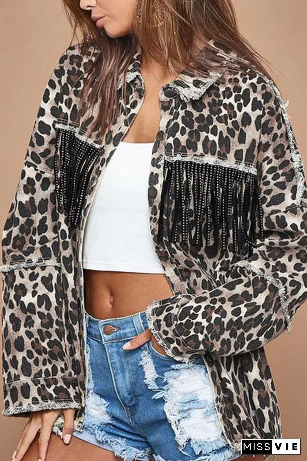 Distressed Raw Hem Leopard Tassle Denim Jacket Coat