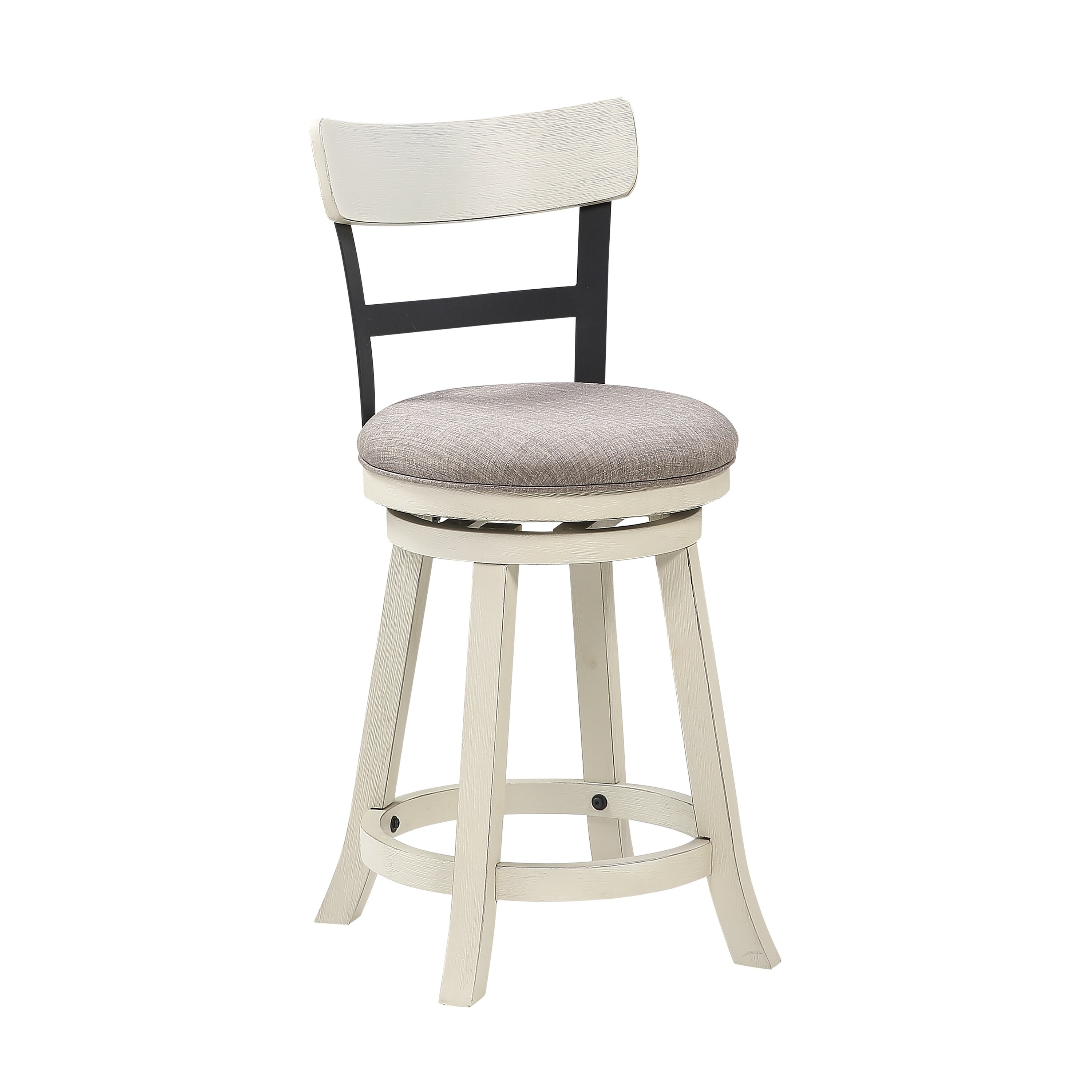 24 Inch Handcrafted 360 Degree Swivel Counter Stool， Curved Open Back， White Wood Frame， Cream Cushioned Seat