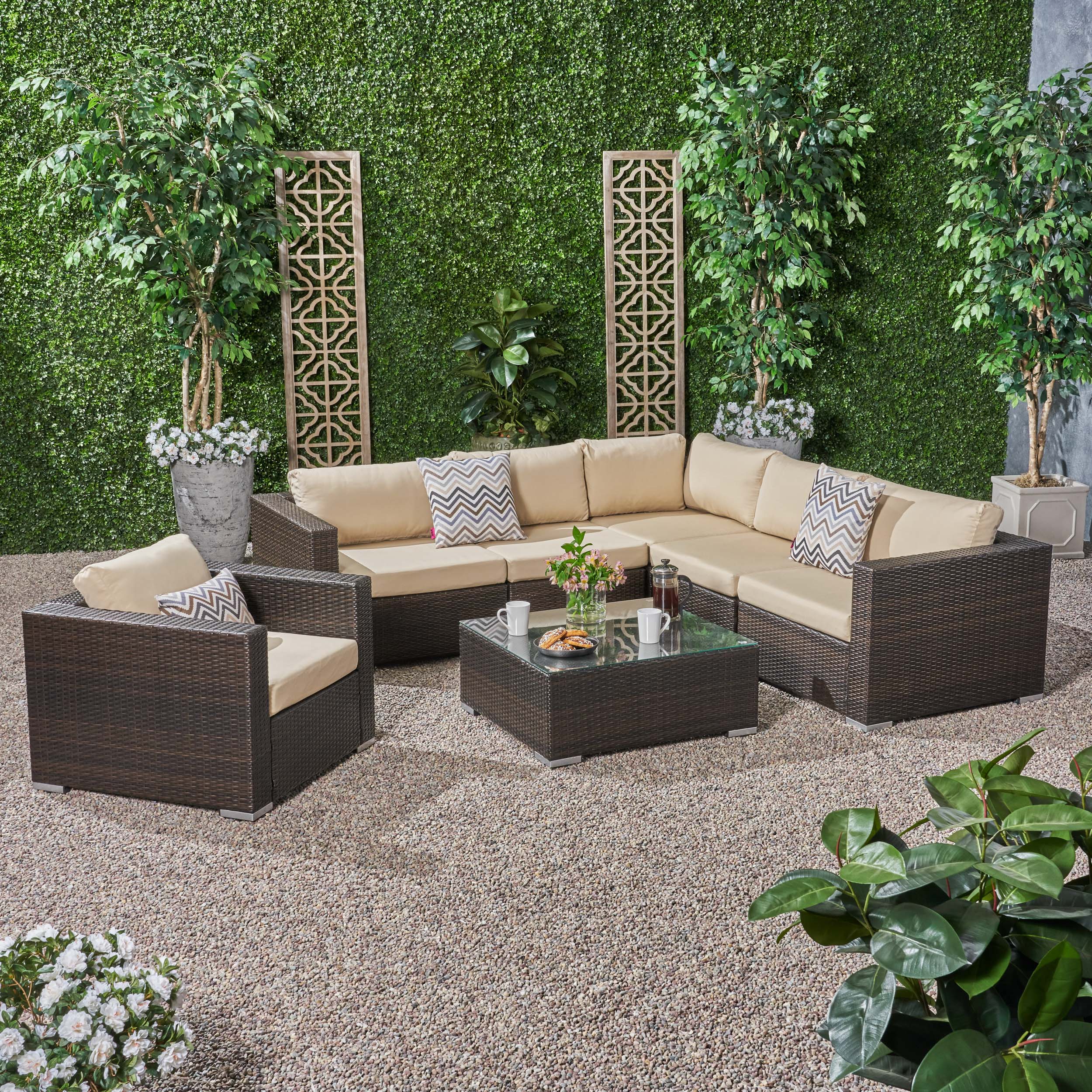 Kyra Outdoor 6 Seater Wicker Sectional Sofa Set with Sunbrella Cushions