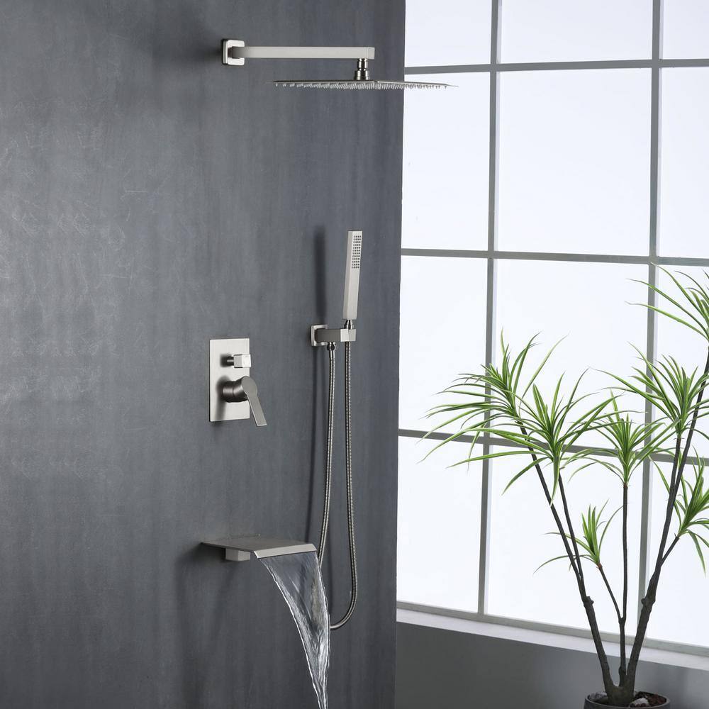 FLG Single-Handle 1-Spray Tub and Shower Faucet with Hand Shower and 12 in. Shower Head in Brushed Nickel (Valve Included) SS-0057-BN-12