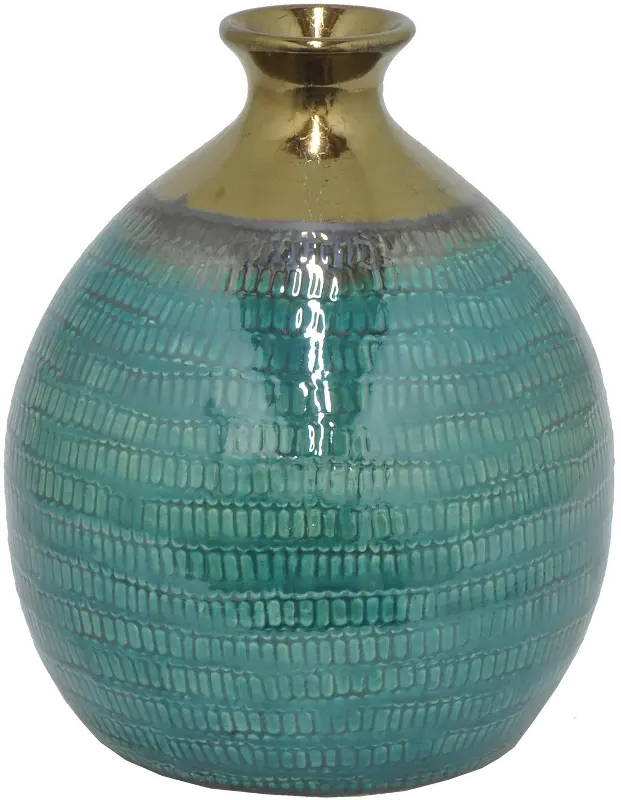 12 Inch Turquoise and Gold Ceramic Vase