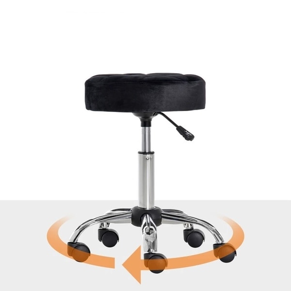 Black Button Tufted Adjustable Rolling Massage Swivel Salon Stool - 13.75 in D x 19.25 in - 24 in H