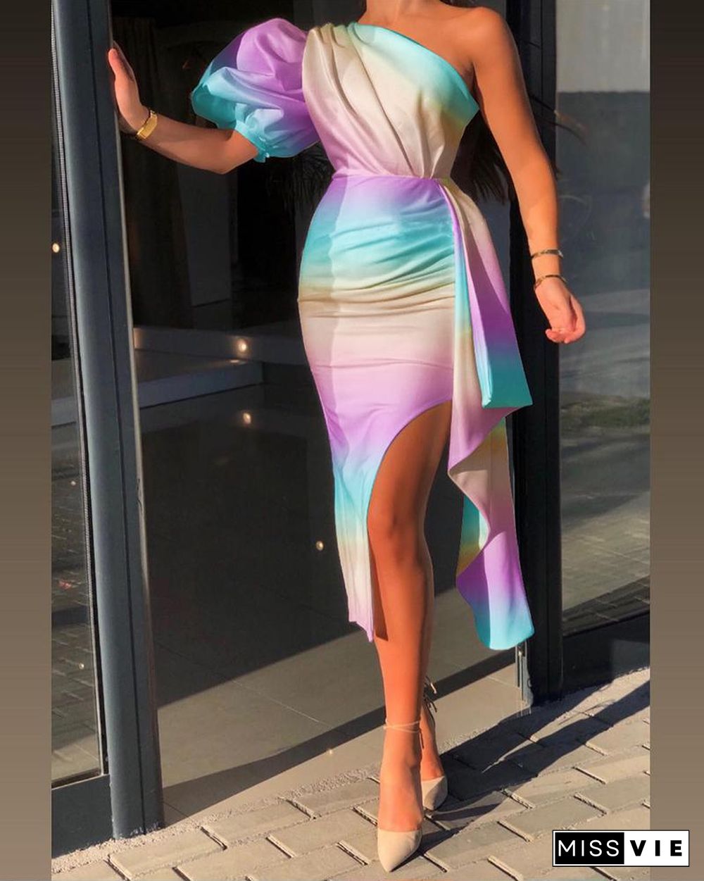 Ombre One Shoulder Puff Sleeve Split Thigh Bodycon Dress