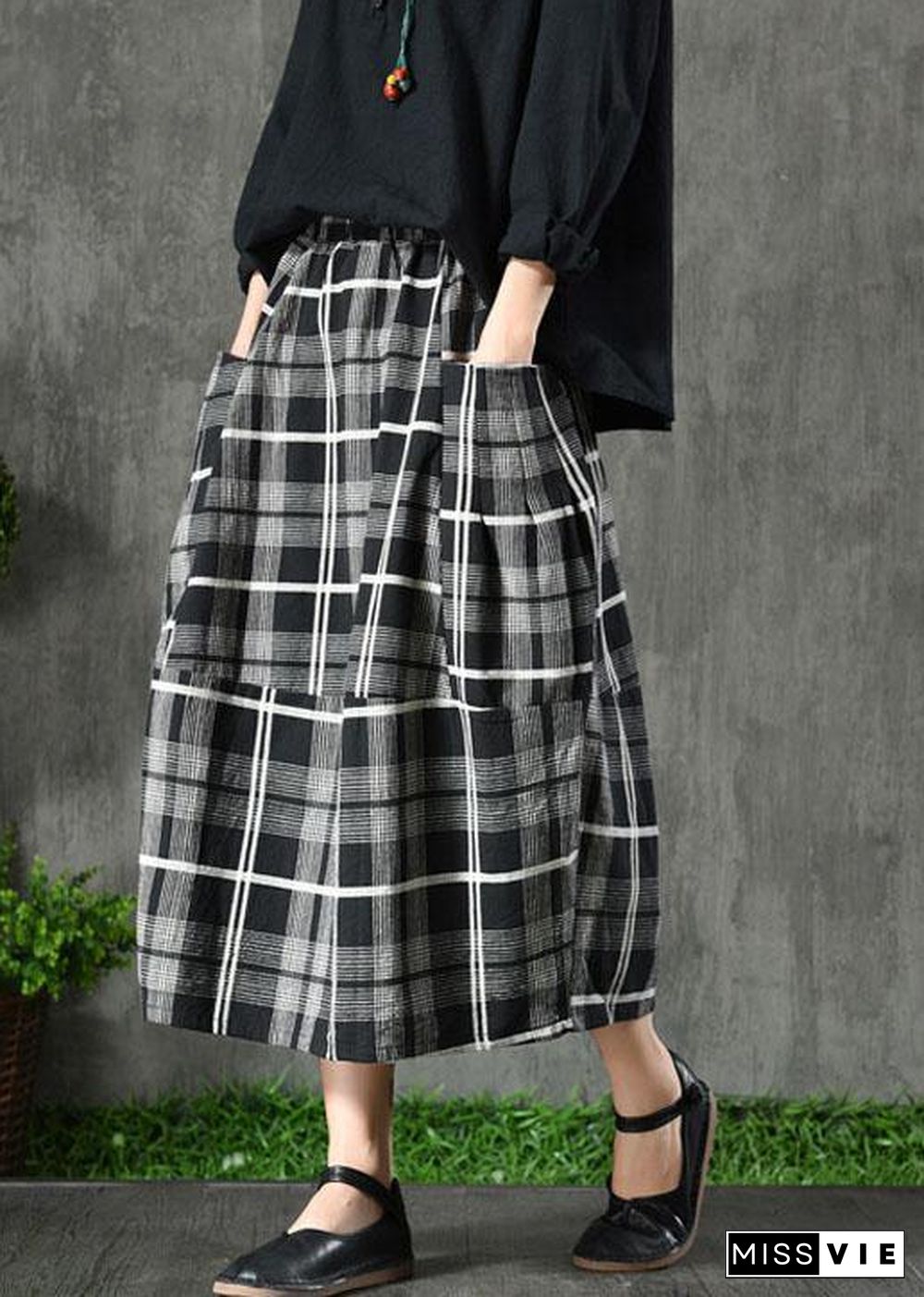 Vintage Black Plaid Pockets Patchwork A Line Fall Skirts