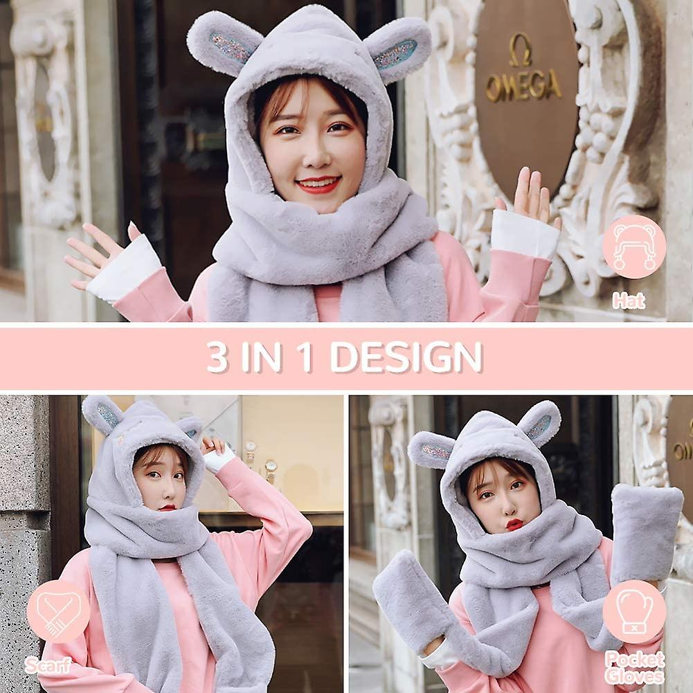 3 In 1 Winter Hats For Kids， Children Cartoon Warm Plush Hat With Scarf Pocket Hooded， Toddler Scarf Set For Girls(grey) 88.6'' X 5.9'' -