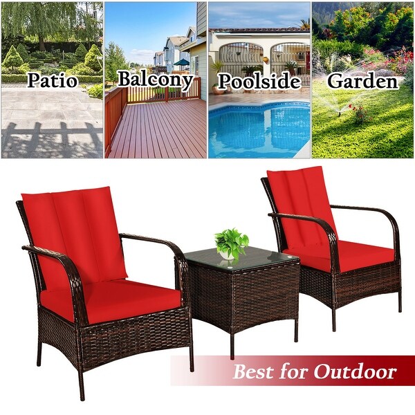 Costway 3 PCS Patio Wicker Rattan Furniture Set Coffee Table and 2