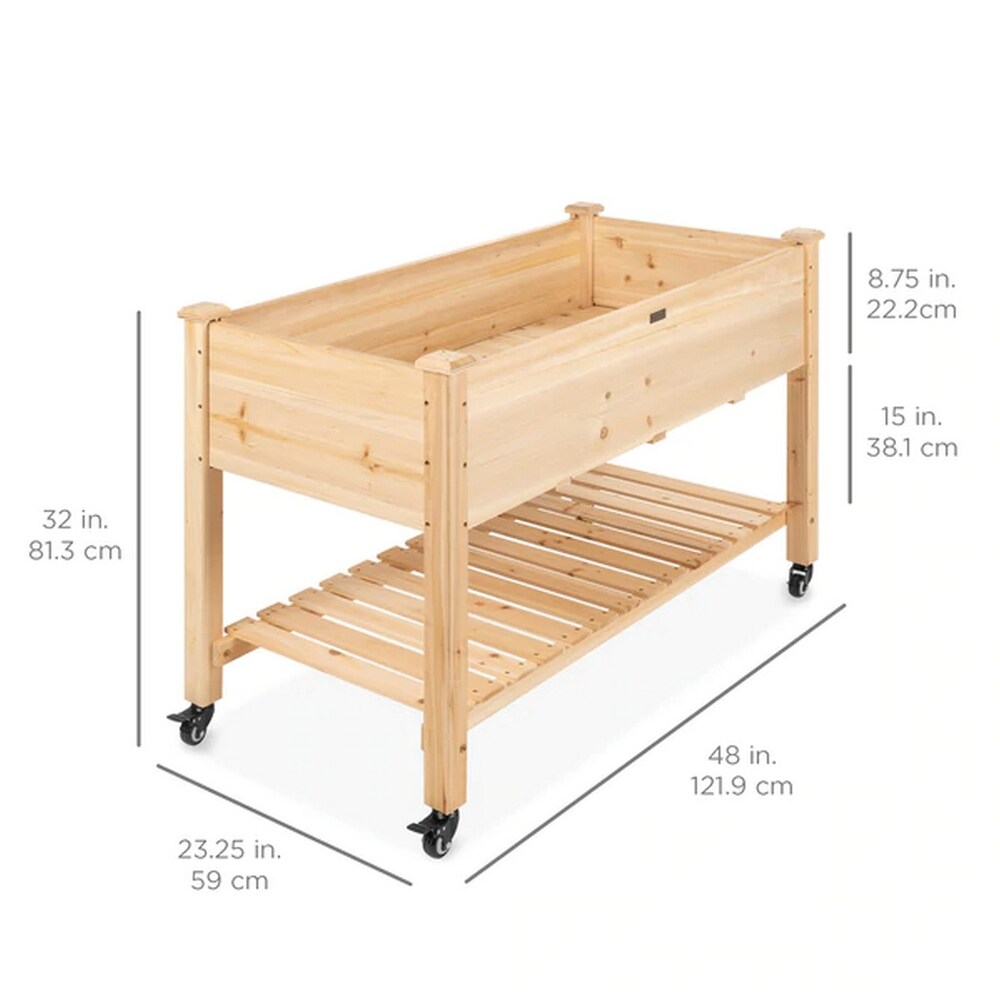 48 in x 32 in x 23 in Wooden Elevated Planter with Shelf and Wheel   48x32x23