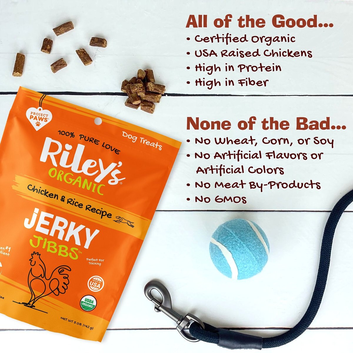 Riley's Organic Jerky Jibbs Chicken and Rice Recipe Dog Treats， 5-oz pouch