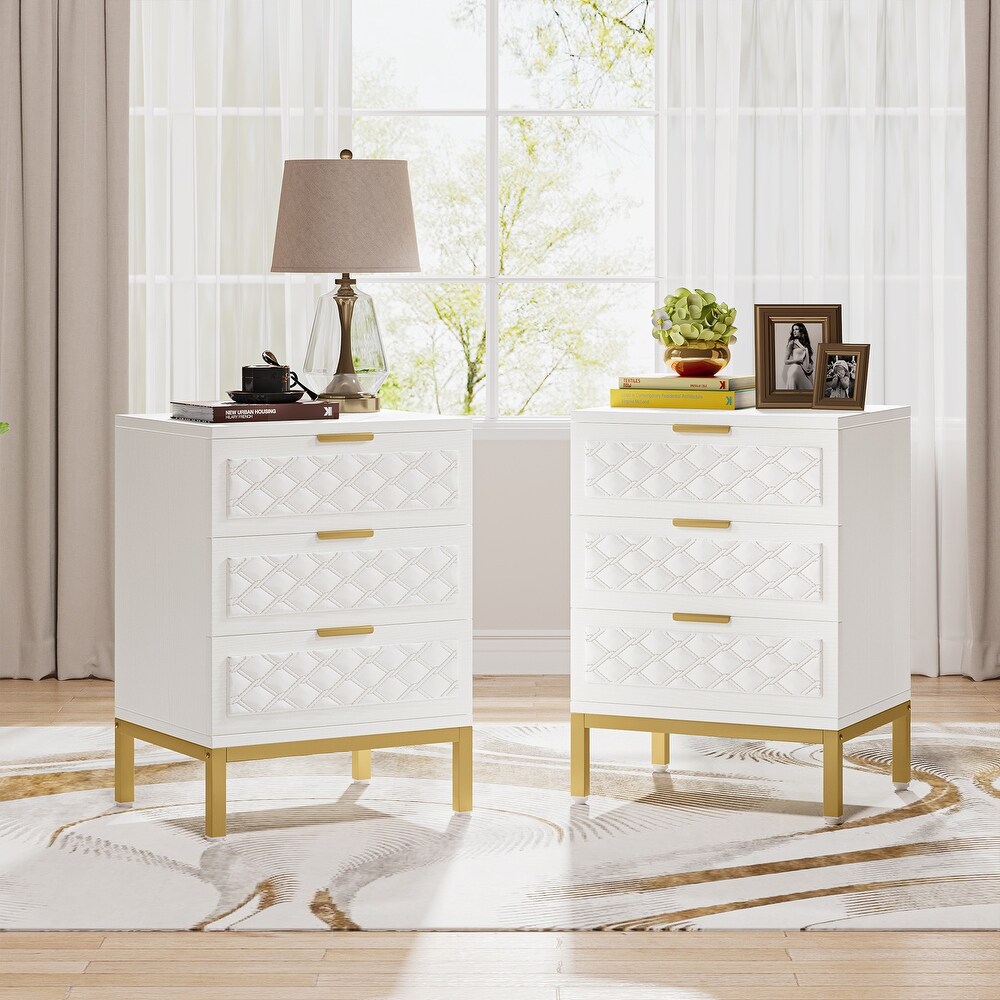 3 Drawer Nightstand  Modern Beside Table End Table with Storage Drawers and Gold Legs