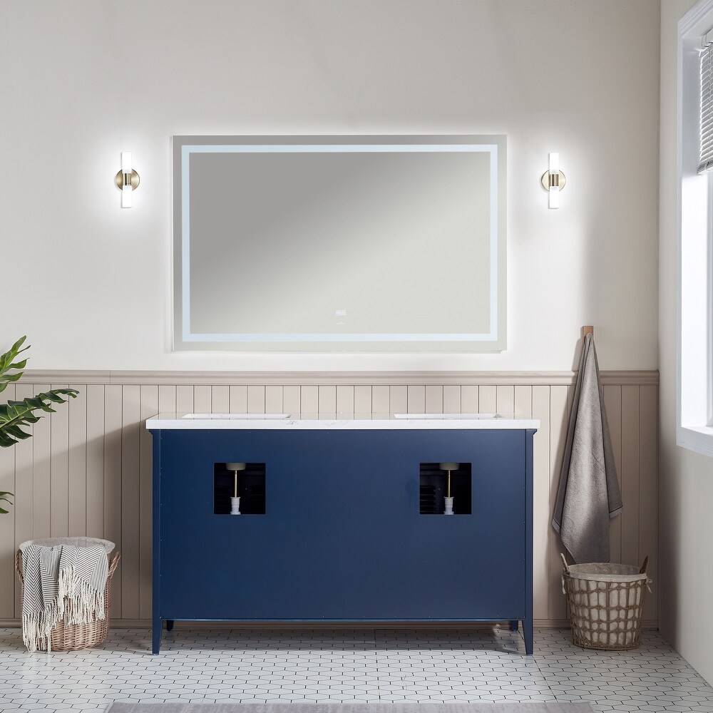Barcelona 30 inch wood double sink vanity with marble and ceramic sink in Blue