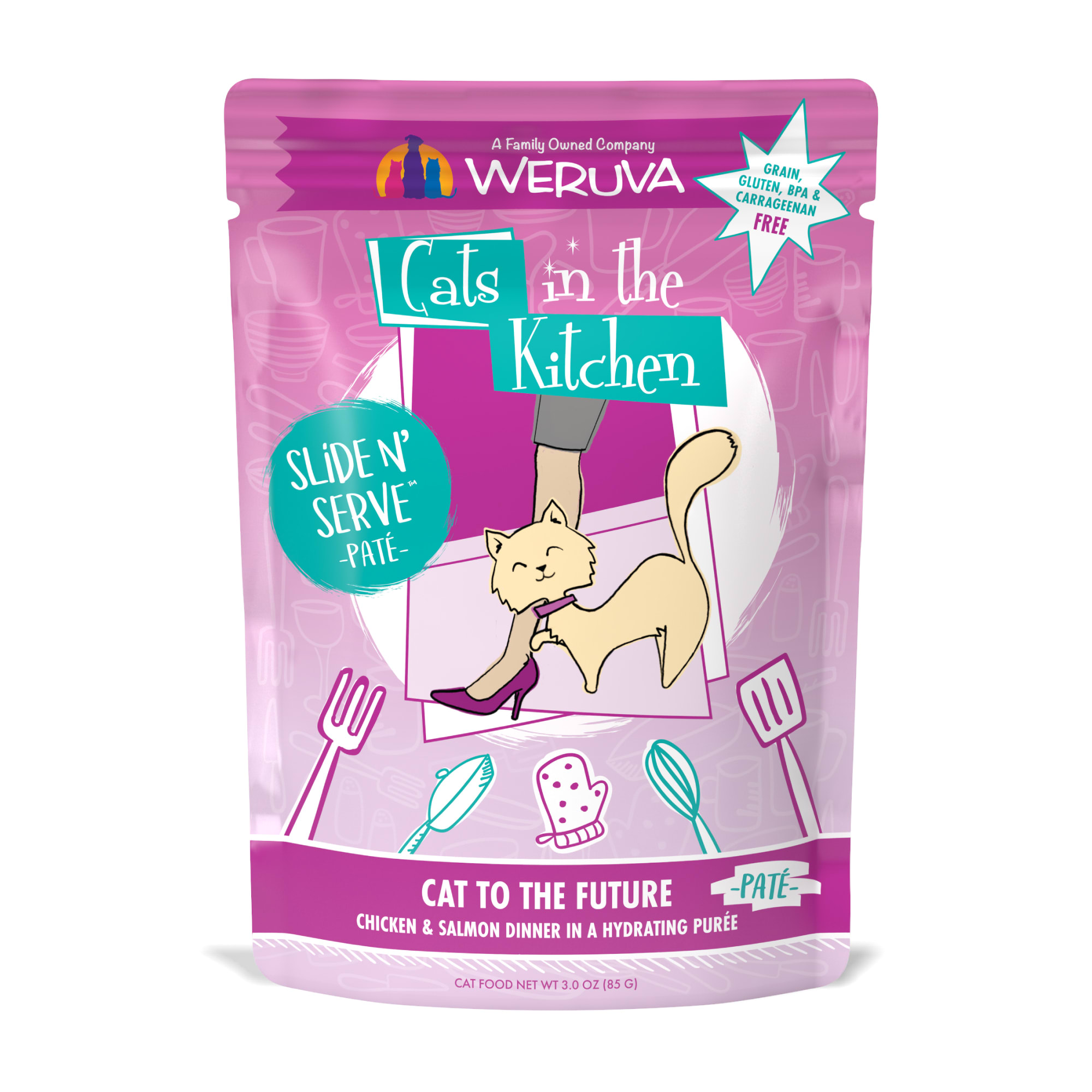 Cats in the Kitchen Slide 'n Serve Pate Cat to the Future Chicken  Salmon Dinner Wet Food， 3 oz.， Case of 12