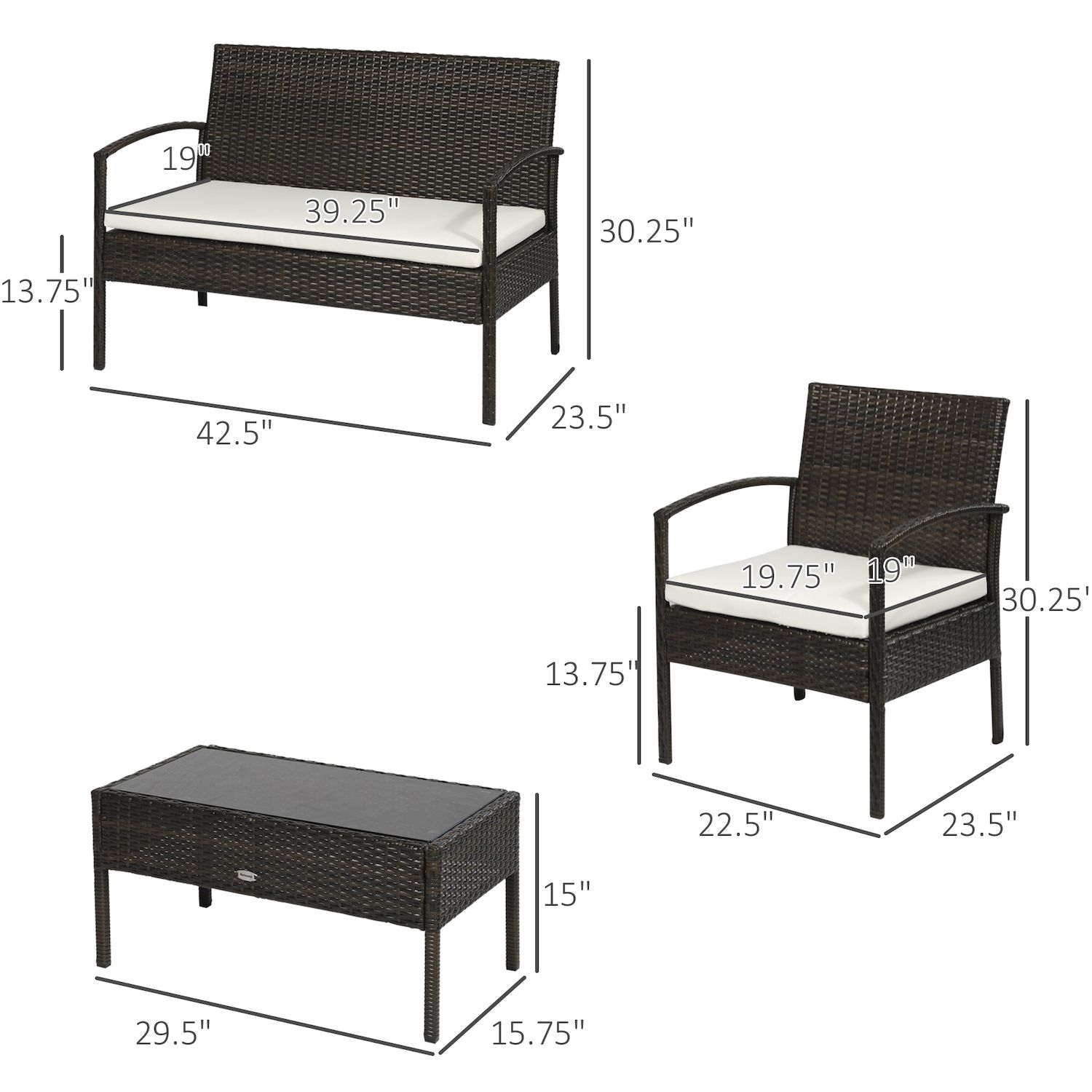 Outsunny Patio Porch Furniture Sets 4 PCS Rattan Wicker Chair w/ Table Conversation Set for YardPool or Backyard Indoor/Outdoor Use  Cream White