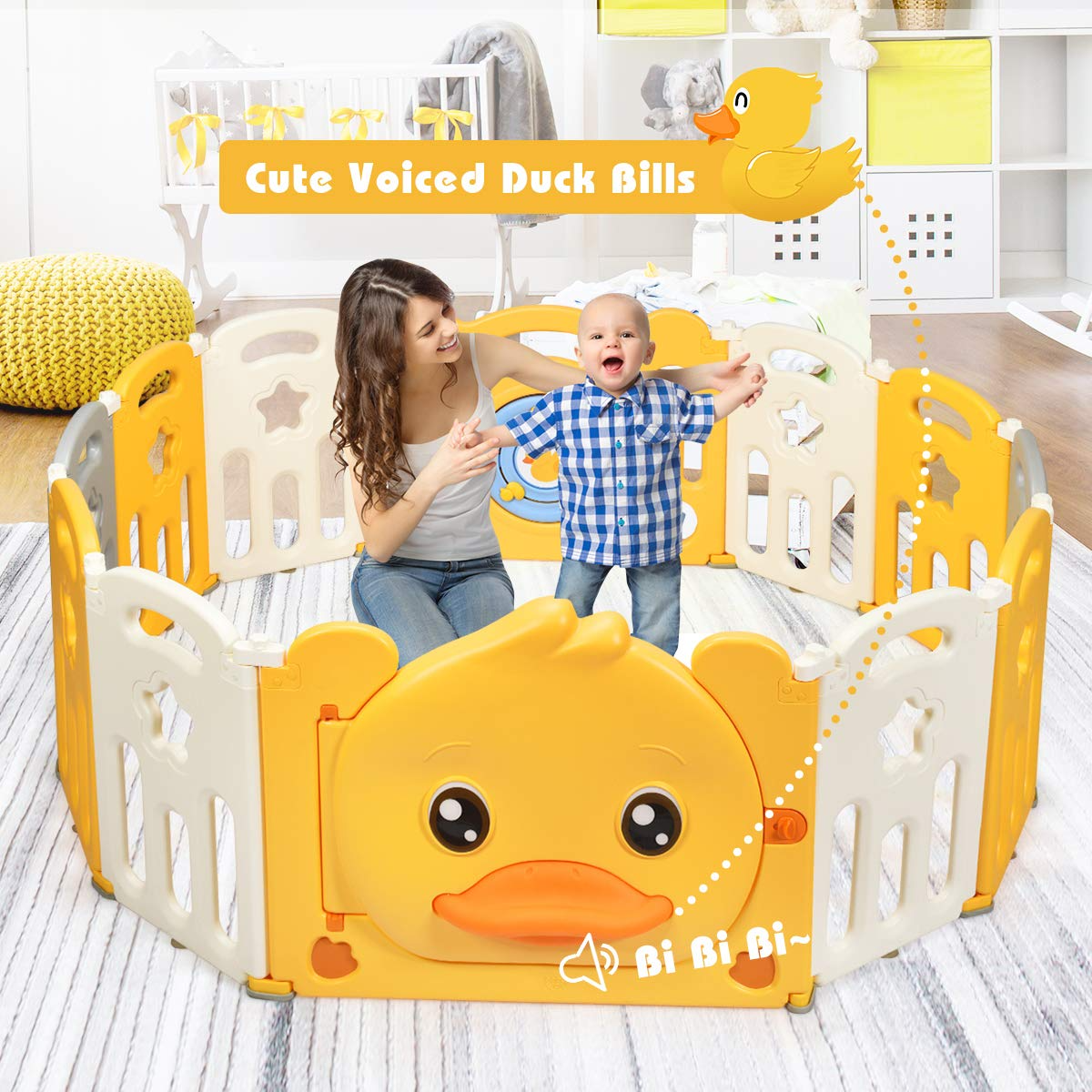 Costzon Baby Playpen, 12/14/16-Panel Portable Baby Play Yards with Yellow Duck Pattern