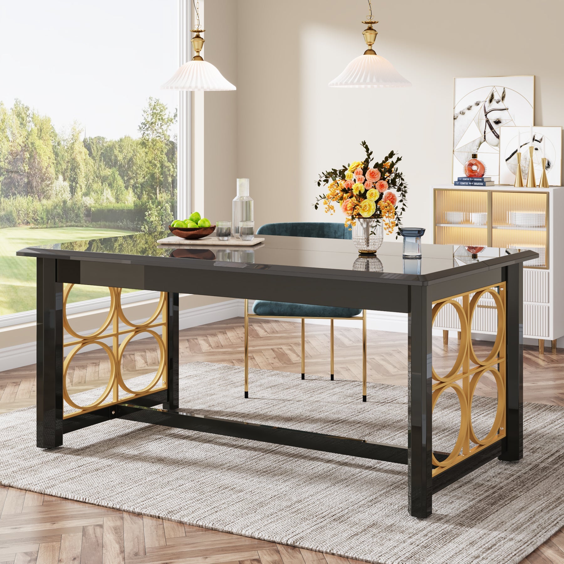 63 Dining Table with Gold Metal & Glossy Surface for 4-6 People