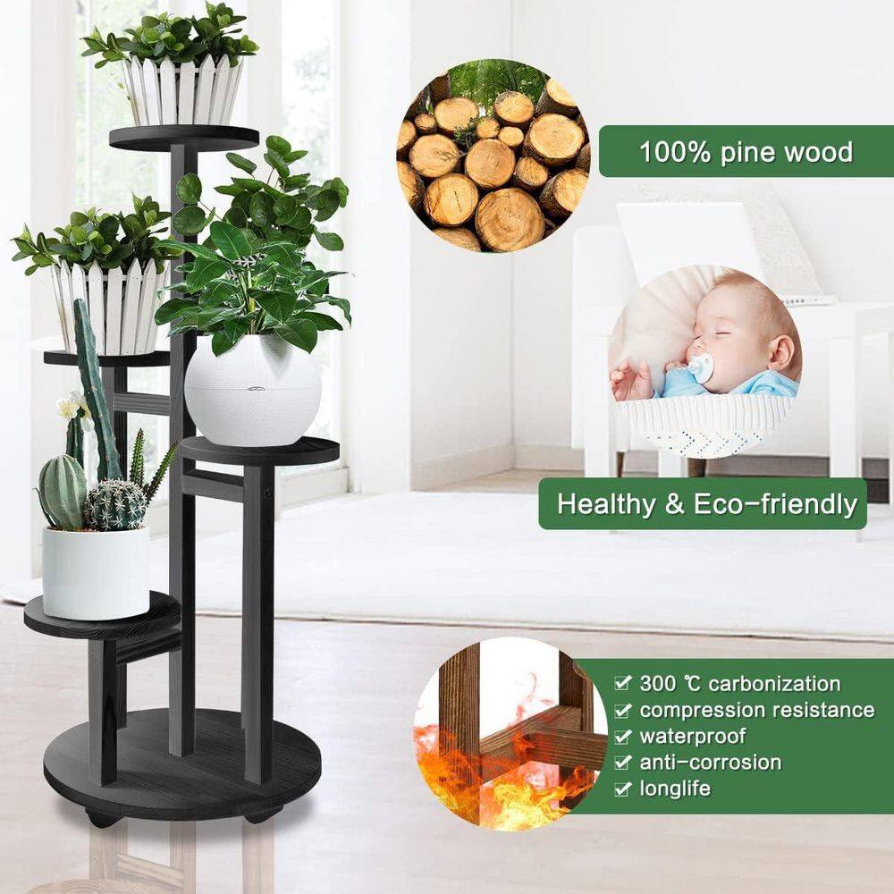 Dyiom 34 in. Indoor/Outdoor Black Wood Plant Stand for Outdoor (5-Tiered) B09VZWZ572