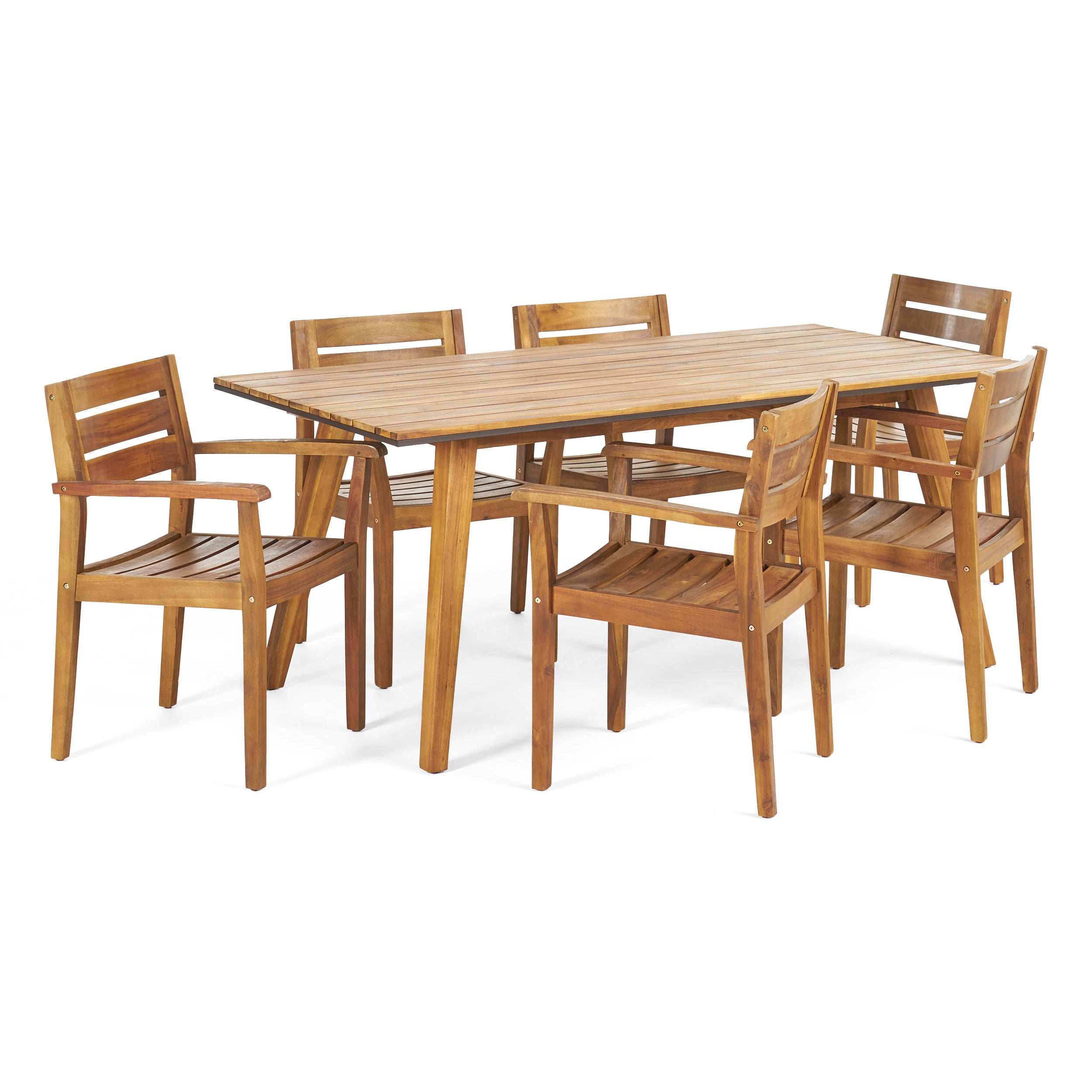 Renee Outdoor 7 Piece Acacia Wood Dining Set, Teak and Dark Brown