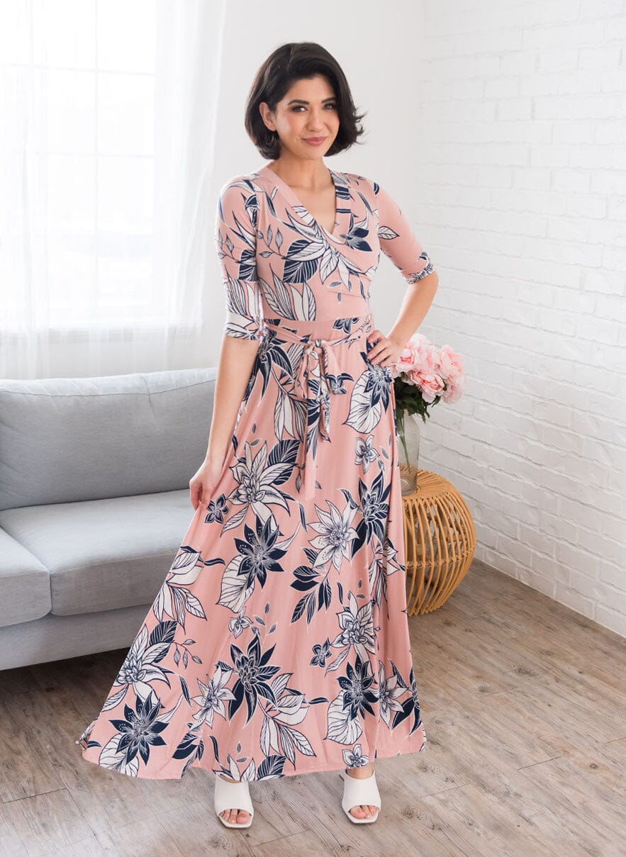 Crystal blush floral navy silhouette plain maxi dress