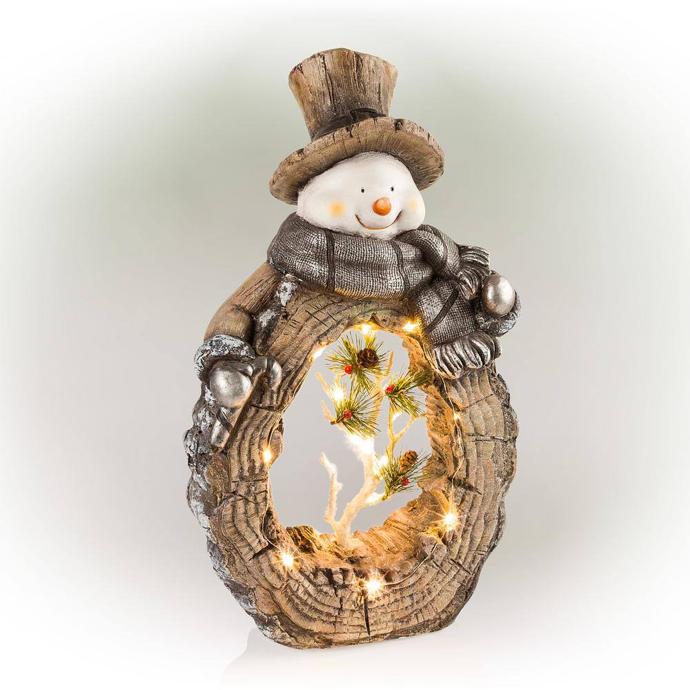 Alpine Corporation 21 in. Tall Snowman Statue with Carved Wood Look and LED Lights MZP478