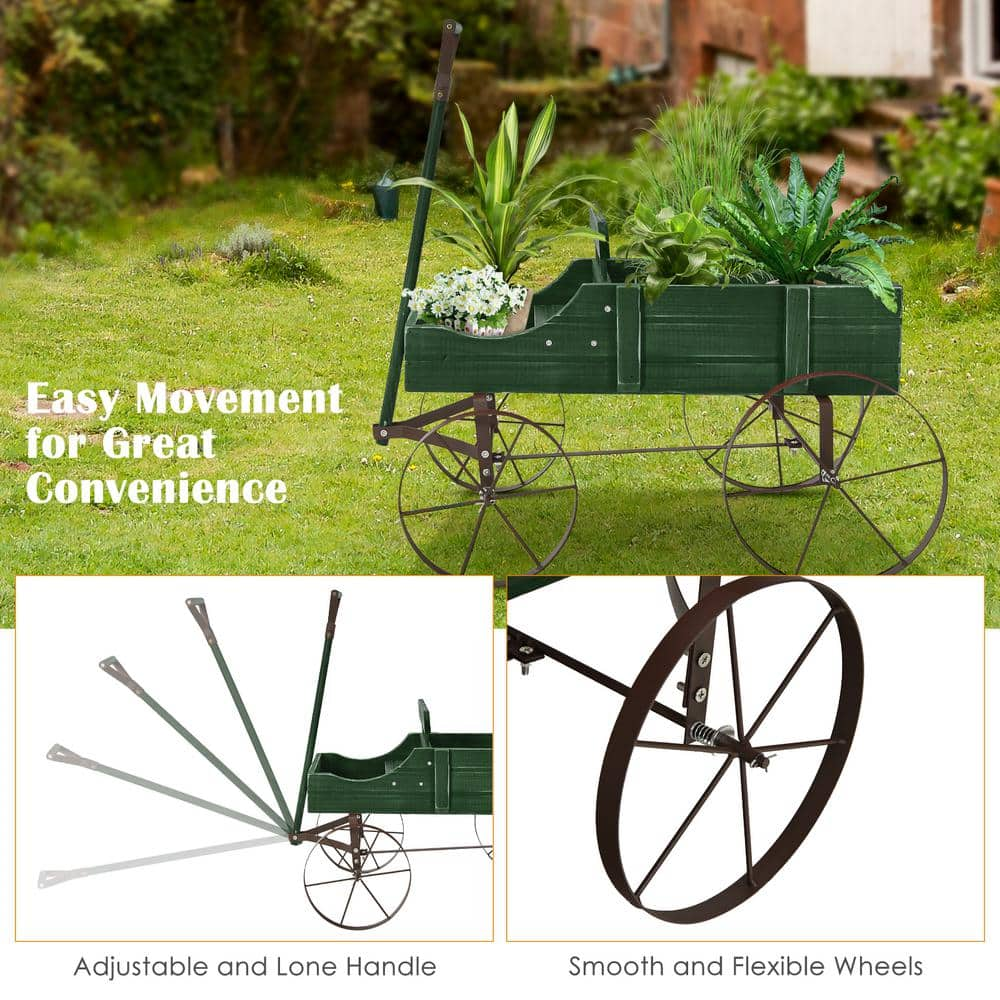 HONEY JOY Wooden Garden Flower Planter Wagon Wheel Plant Bed Decorative Garden Planter for Backyard Garden Green TOPB004890