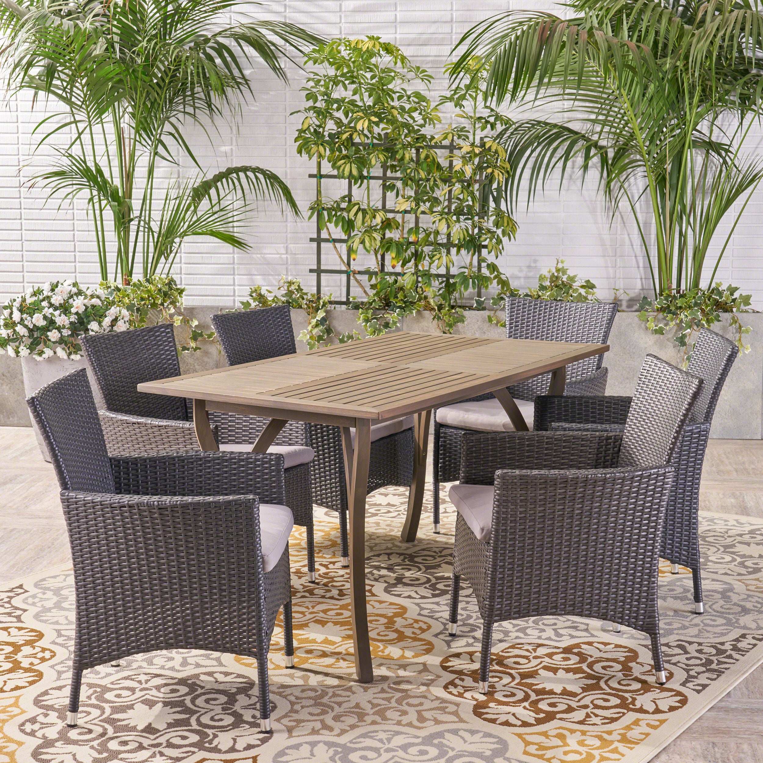 Karly Outdoor 7 Piece Wood and Wicker Dining Set