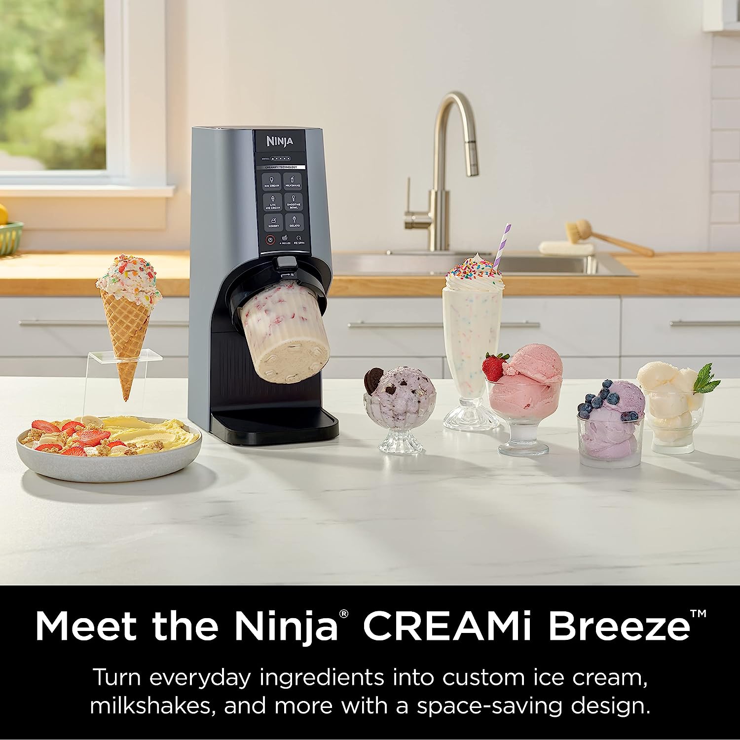 Ninja NC201 CREAMi Breeze 7-in-1 Ice Cream and Frozen Treat Maker for Ice Cream， Milkshakes， Smoothie Bowl， Gelato， Sorbet and More， with (2) Pint Containers and Lids， Perfect for Kids， Silver Mist