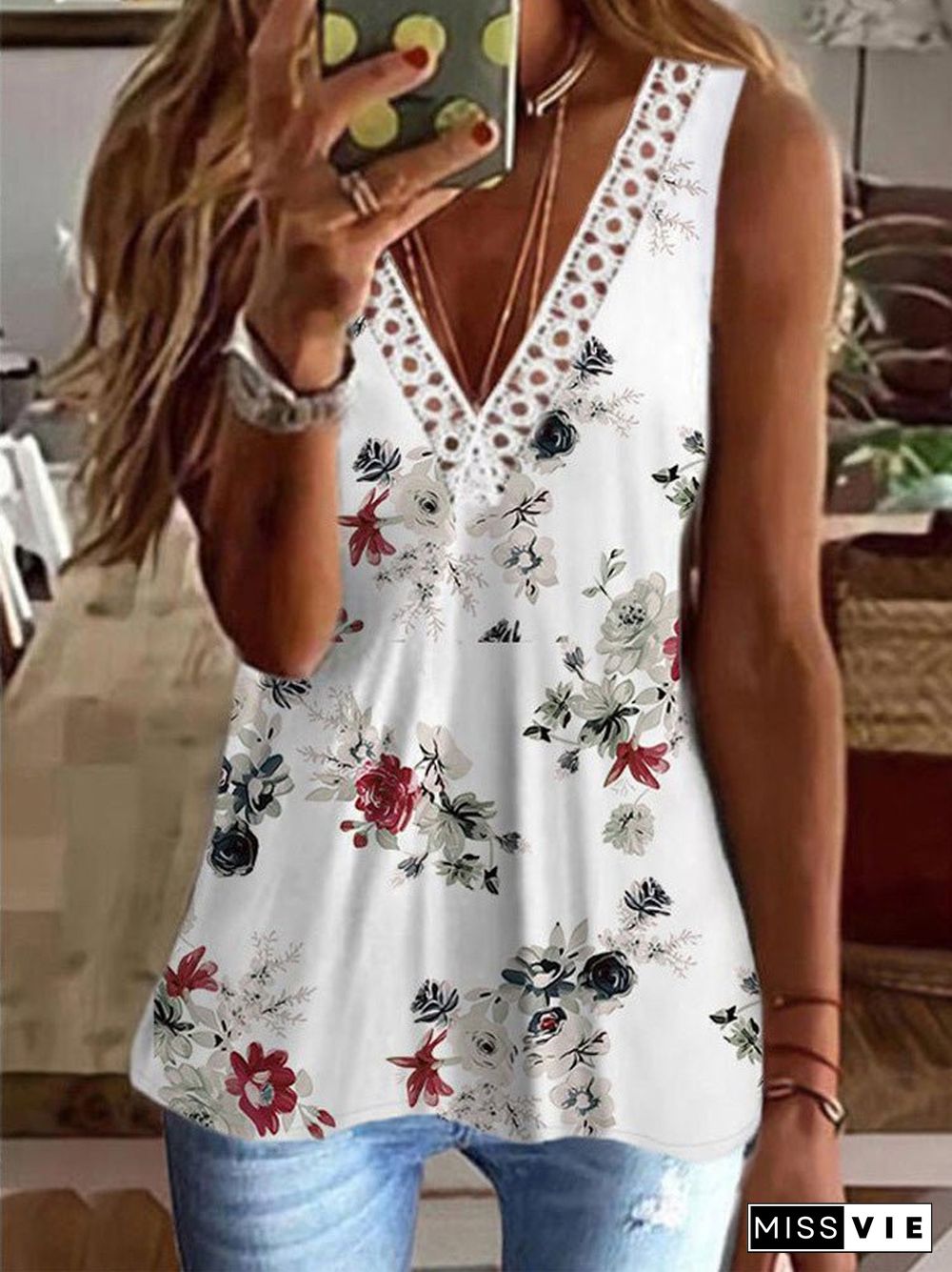 Women'S Tank Tops Lace V-Neck Print Sleeveless Tank Top