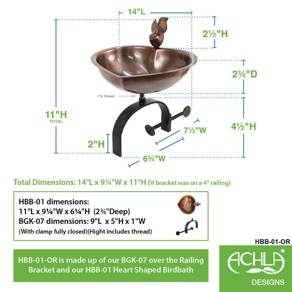 Achla Designs 9 in. Dia， Antique Copper Heart Shaped Birdbath Bowl with Over Rail Bracket HBB-01-OR