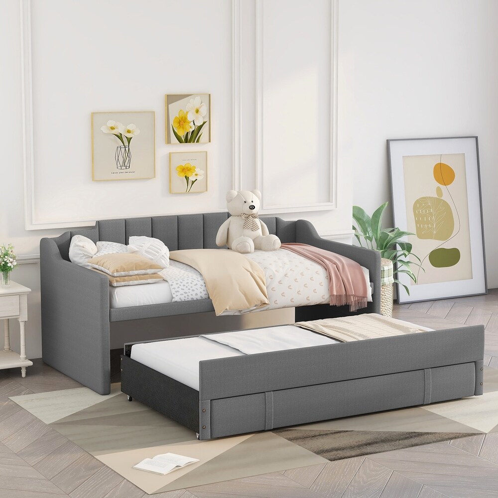 Twin Size Upholstered Daybed with Trundle and 3 Drawers  Solid Wood Sofa Bed Frame with Swooping Arms  No Box Spring Needed