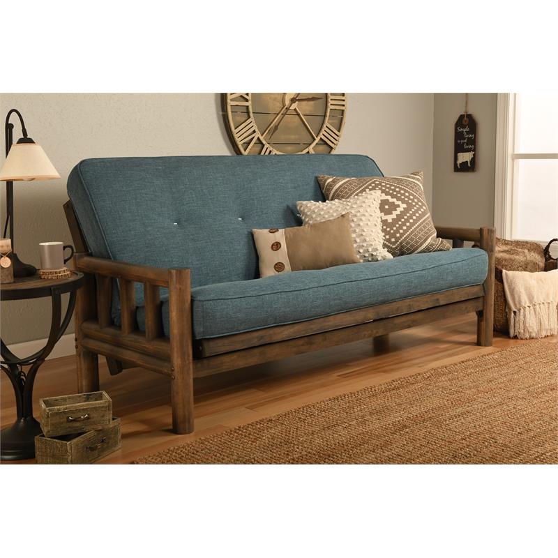 Pemberly Row Futon with Linen Fabric Mattress in Walnut and Aqua Blue