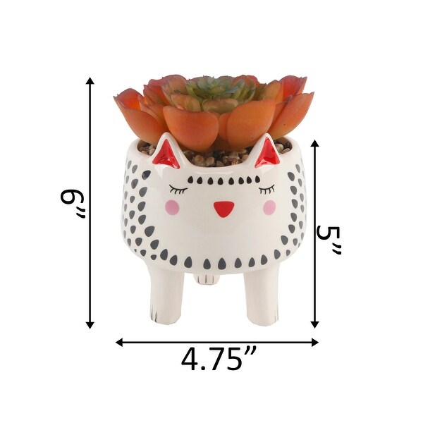 Faux Succulent in 4.75 Small White Cat Ceramic Planter