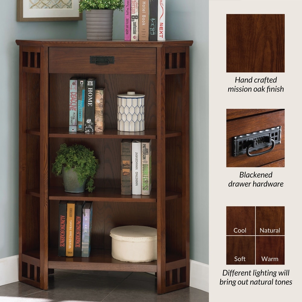 Leick Home Mission Mantel Height Corner Bookcase with Drawer Storage