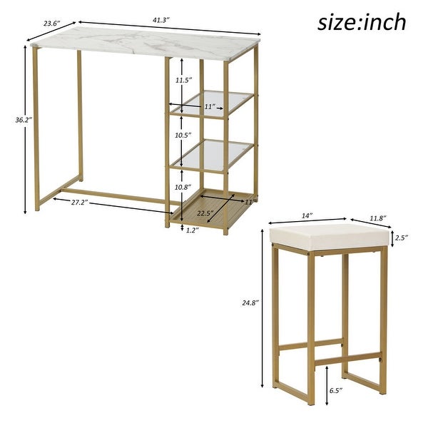 3 piece vintage bar set with natural wood countertops and 2 bar stools /3 storage shelves. (White/Gold)