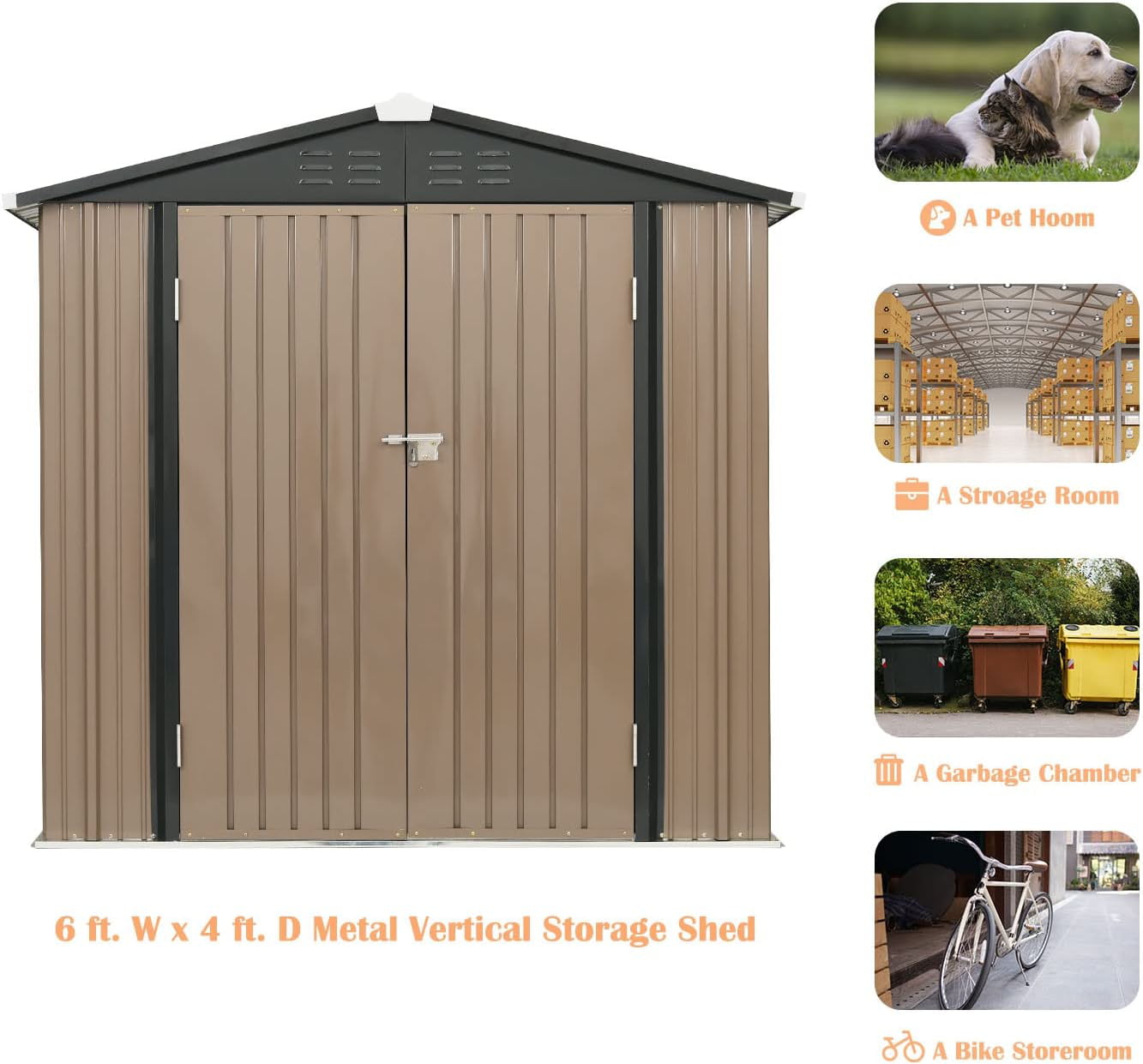 4 x 6 FT Outdoor Storage Shed, Metal Sheds & Outdoor Storage with Air Vents and Double Lockable Door, Galvanized Steel Garden Shed Tool Shed with Pent Roof for Backyard Patio Garden Lawn, Dark Grey