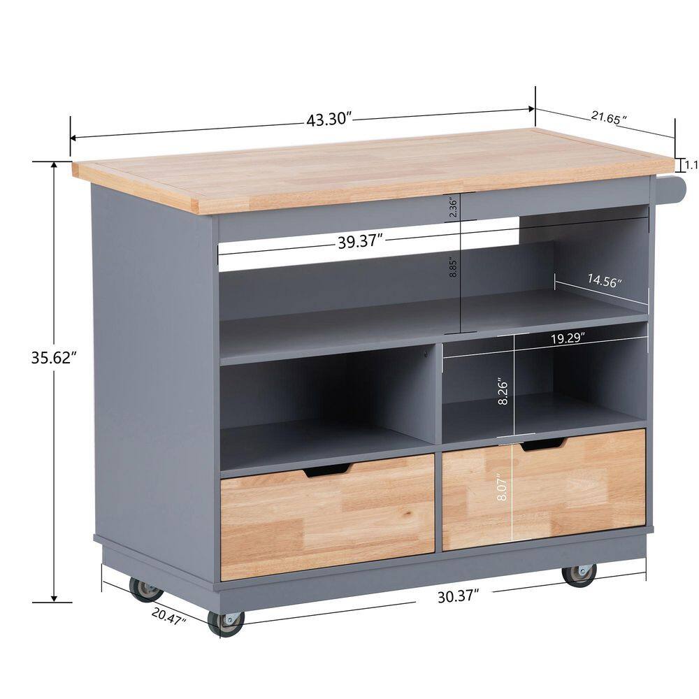 Runesay Gray Blue Rolling Mobile Kitchen Island Cart Solid Wood Top with 2-Drawer Tableware Cabinet and Spice Wine Towel Rack EC-KIGB-952