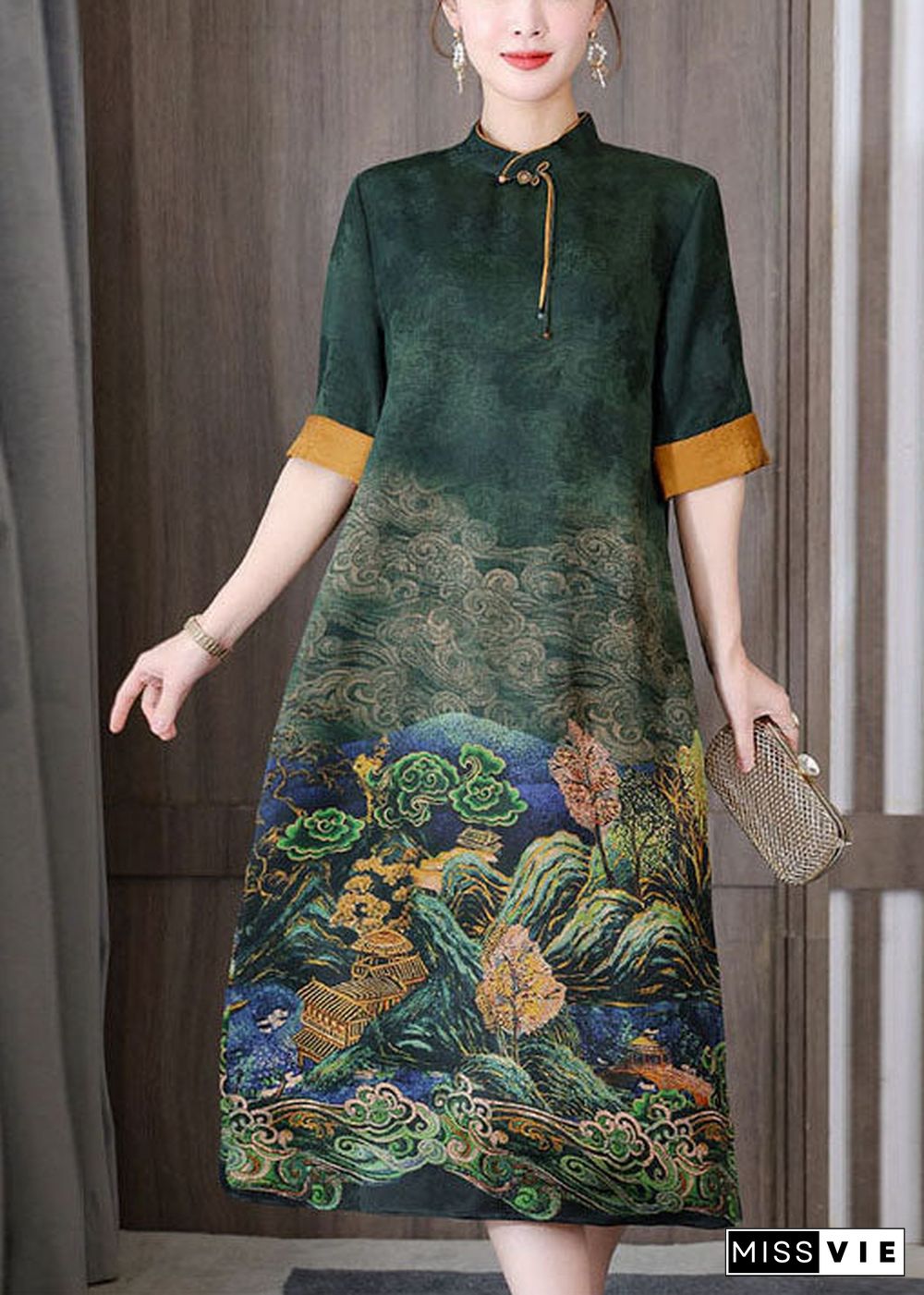 Green Print Silk Long Dress Mandarin Collar Zippered Short Sleeve