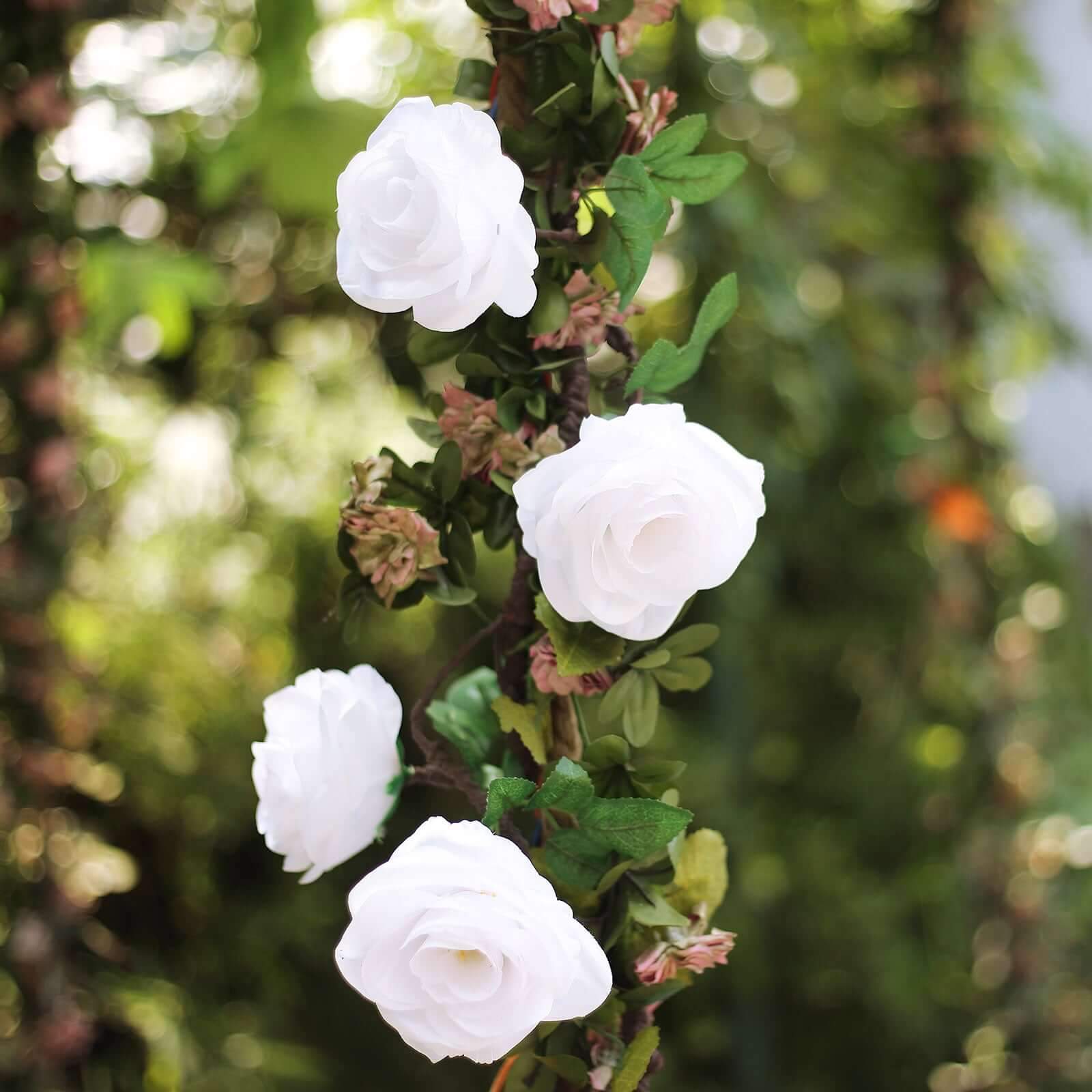 White Artificial Silk Rose Hanging Flower Garland, Faux Vine 6ft