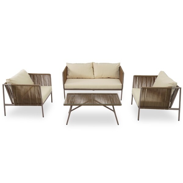 4Piece Outdoor Wicker Rope Sofa Conversation Set with Cushions，Toughened Glass Table