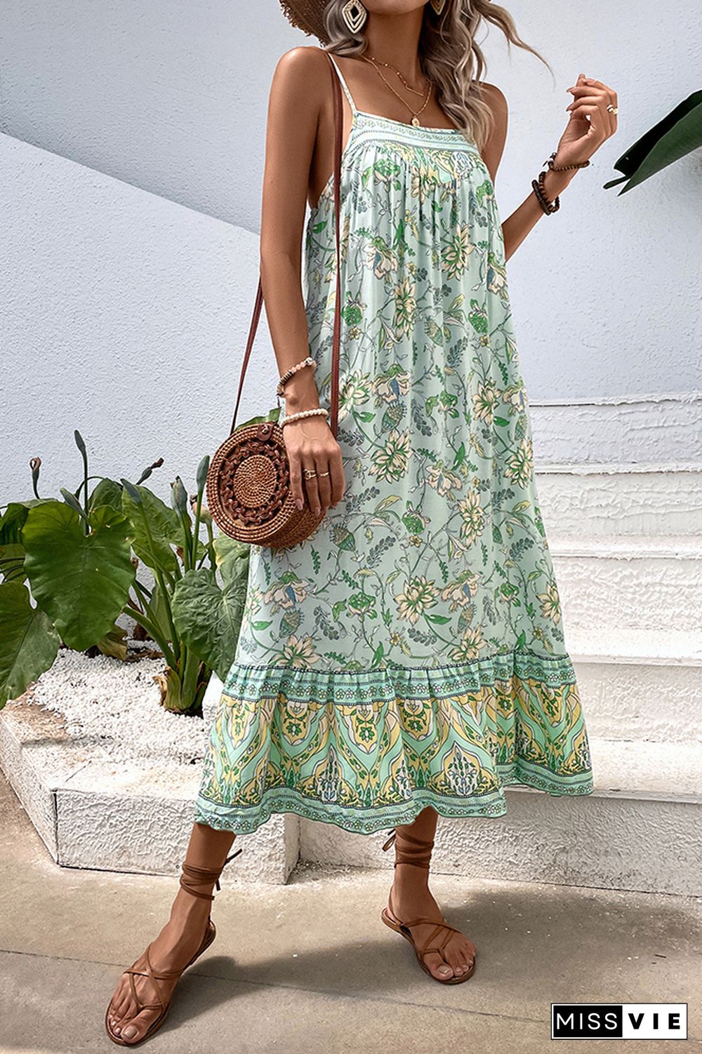 Green Spaghetti Strap Floral Maxi Dress