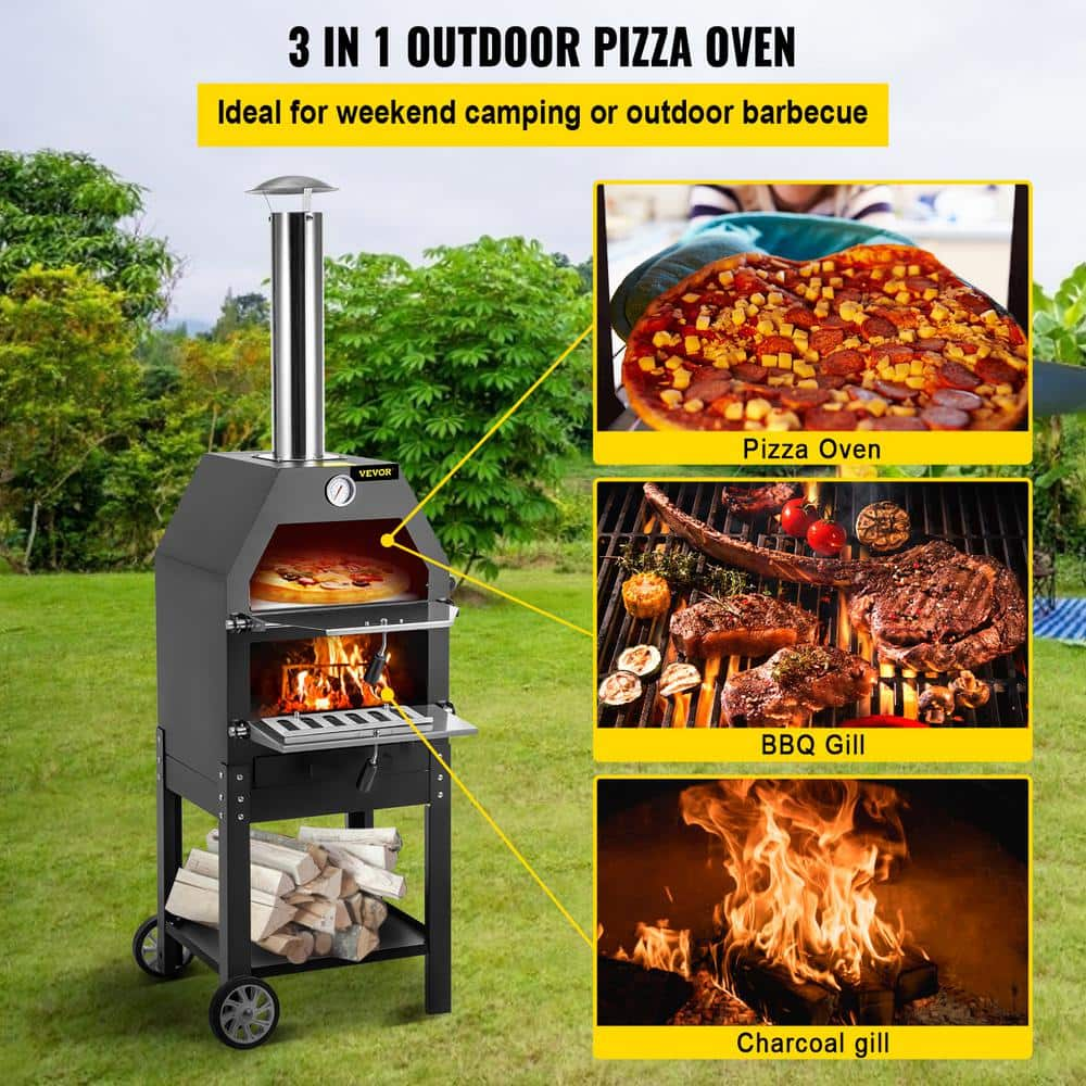 VEVOR Pizza Oven 12 in. Removable Wheels 2-Layer Charcoal Burning Outdoor Pizza Oven with Pizza Stone for Barbecue in Black LDSPSLLZXBDDWRLHEV0