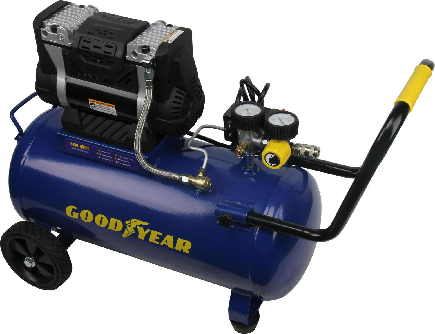 Goodyear. 8 Gallon Quiet. Oil-Free Horizontal Air Compressor. Portable with Handle and Wheels