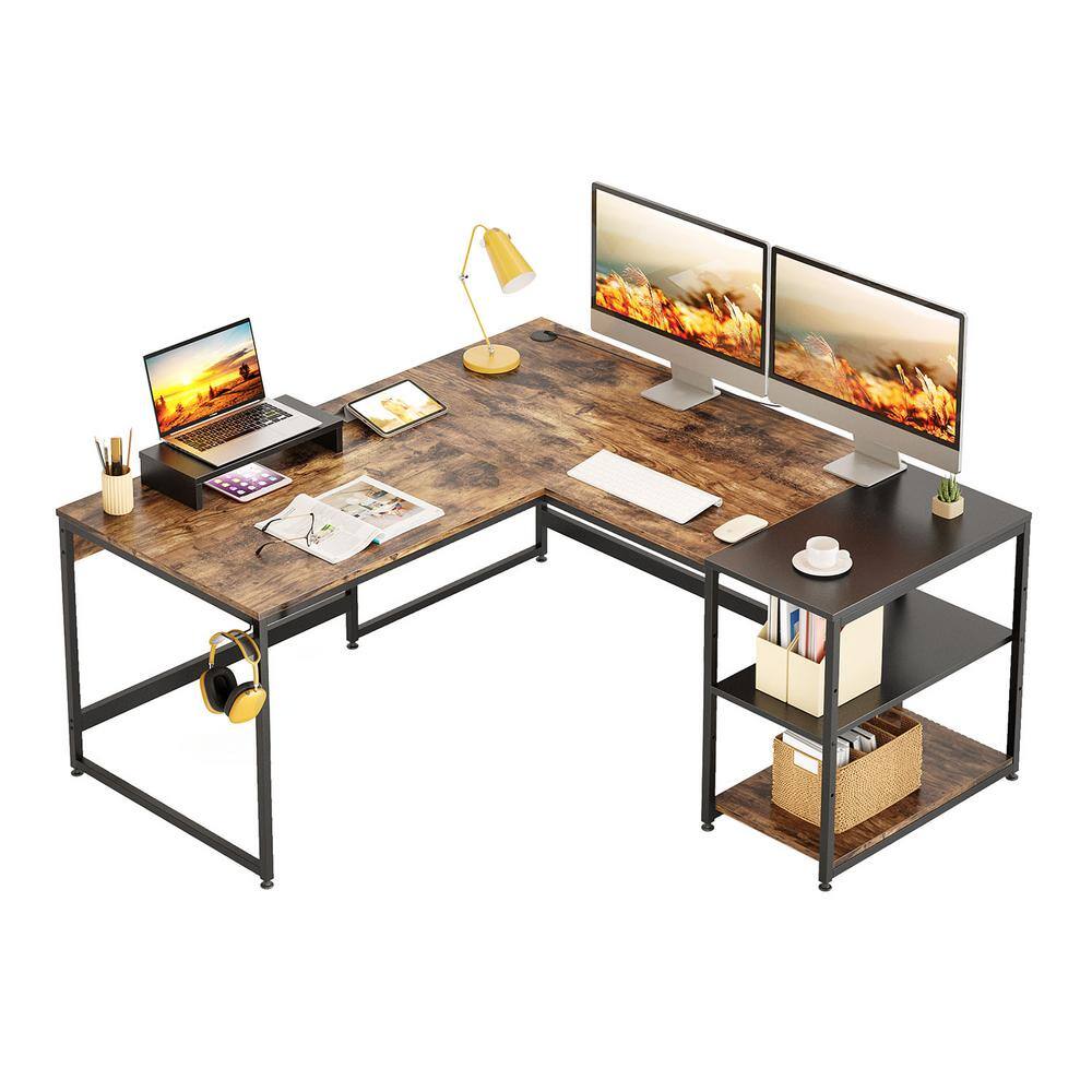 Bestier 59.06 in. Rustic Brown L-Shaped Computer Desk with Shelves D054E-RST