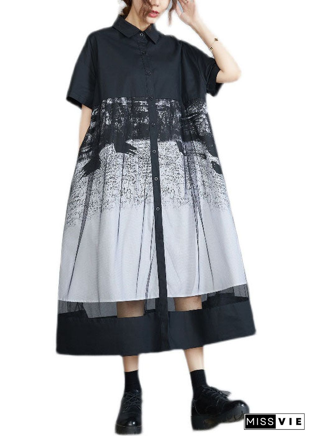 Style Black Peter Pan Collar Tulle Patchwork Cotton Maxi Dresses Short Sleeve