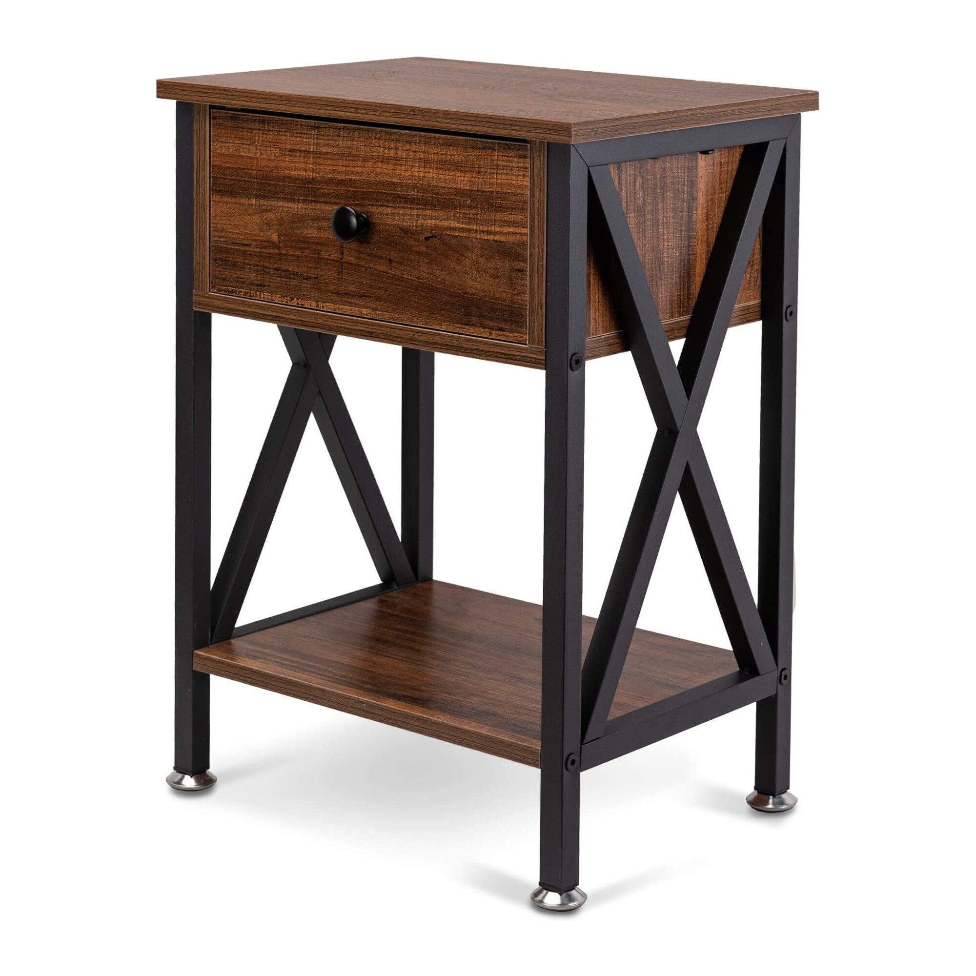 Nightstand with Drawer and Open Storage Shelves with X Shape Frame， Bedside End Table for edroom， Living Room， Hallway