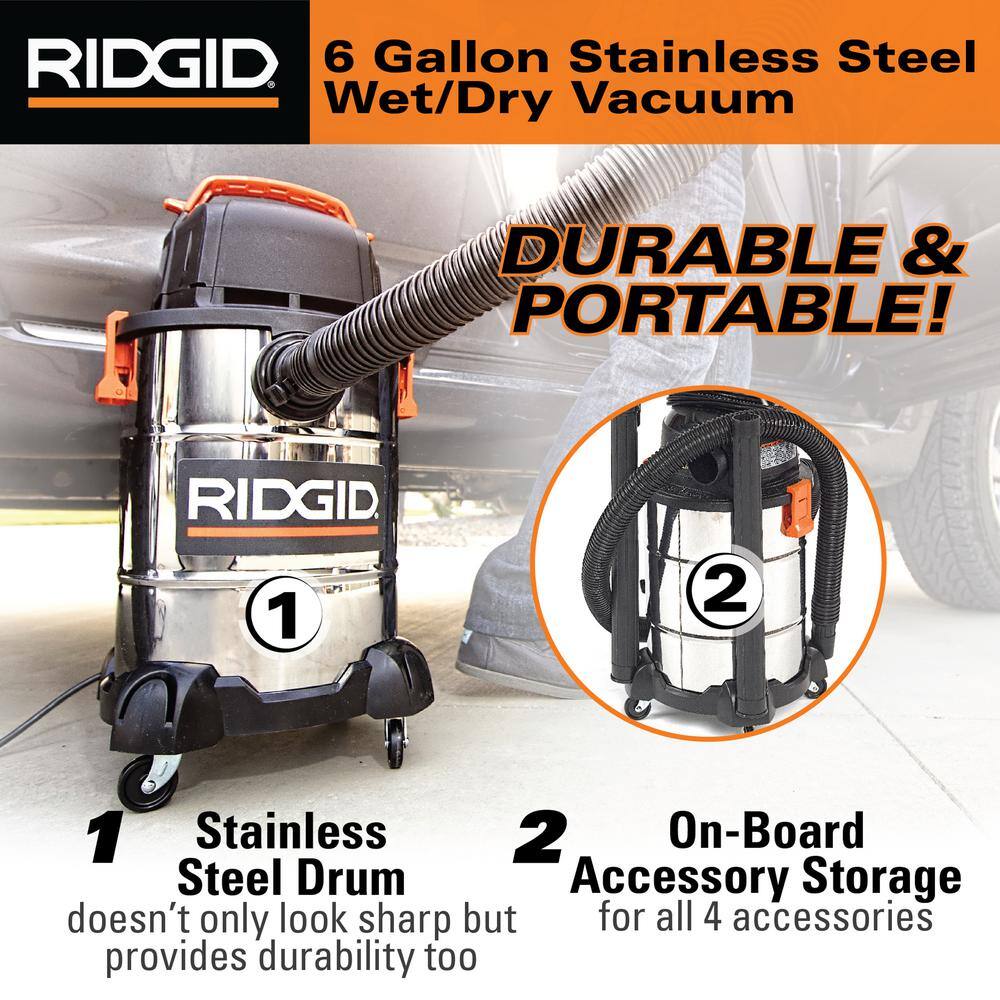 RIDGID 6 Gal. 4.25-Peak HP Stainless Steel WetDry Shop Vacuum with Filter Hose Accessories and Car Cleaning Attachment Kit WD6425B