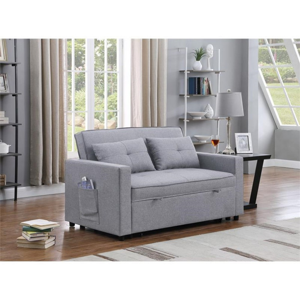 Bowery Hill Light Gray Linen Convertible Sleeper Loveseat with Side Pocket   Transitional   Sleeper Sofas   by Homesquare  Houzz