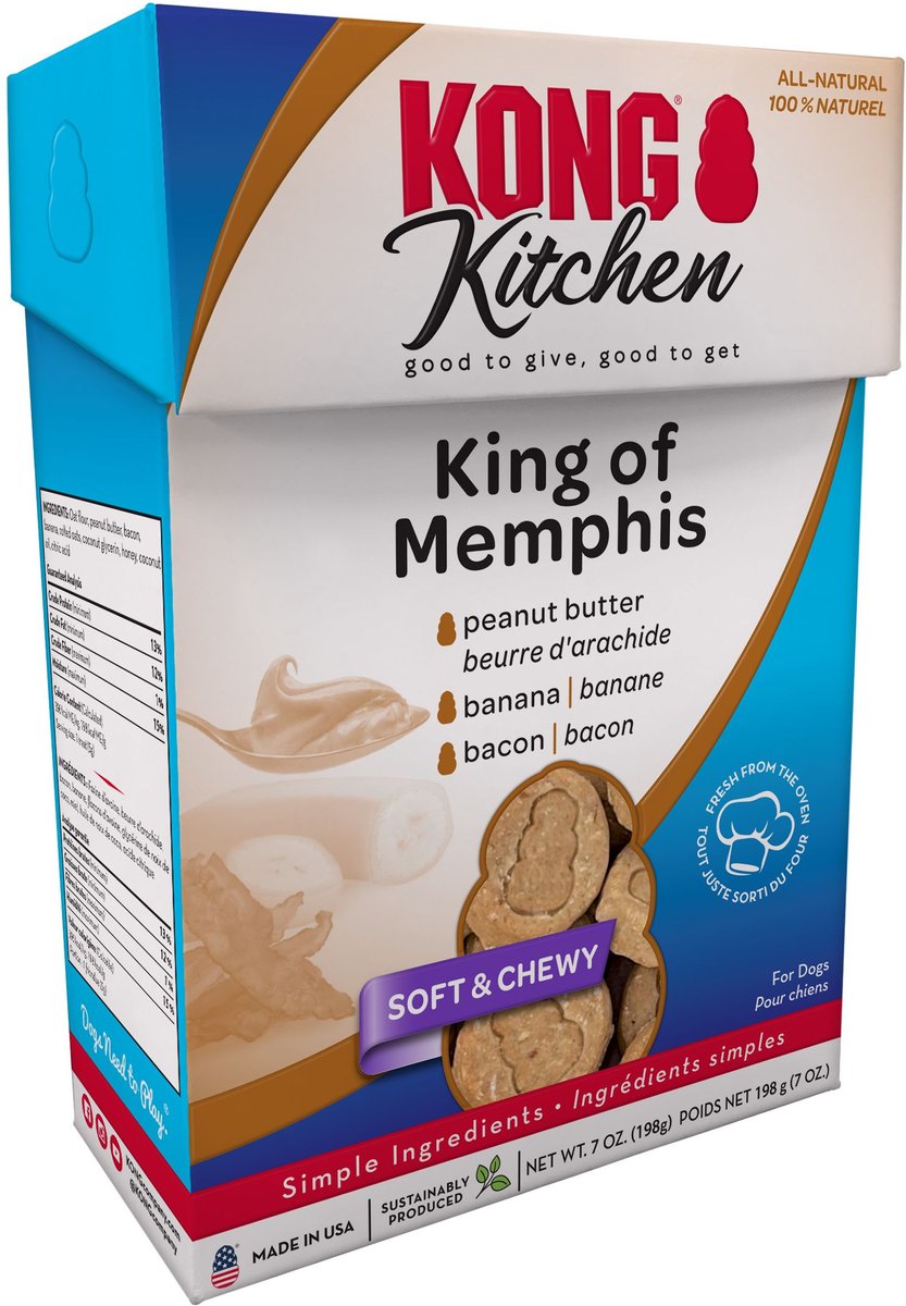 KONG Kitchen King of Memphis Grain-Free Bacon and Peanut Butter Chewy Dog Treats， 7-oz box